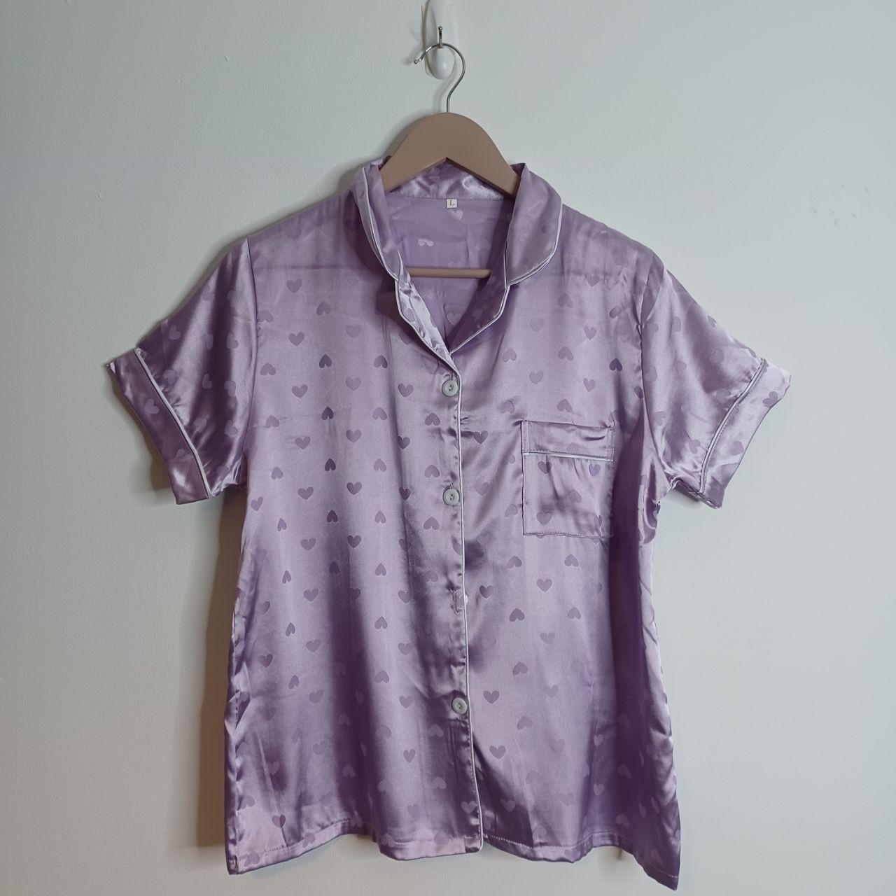 BRAND NEW Womens Size L (12-14) Lilac Satin Short Sleeve Heart Print Pyjama Set