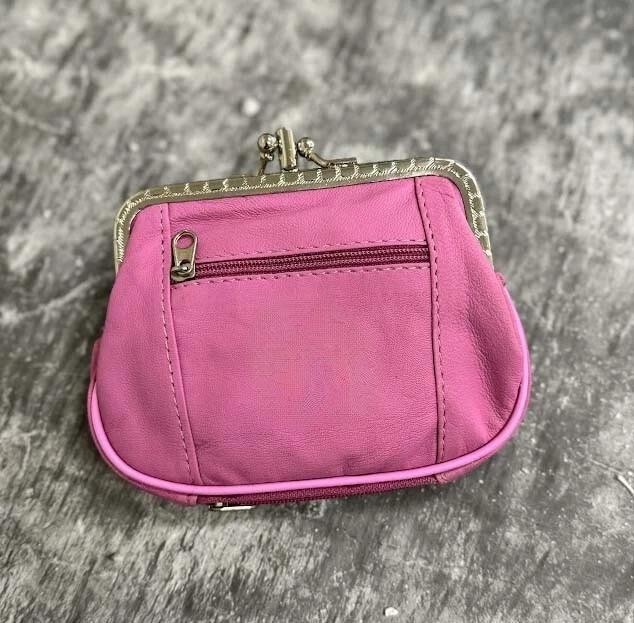 Pink Genuine Leather Woman Coin Purse Double Frame Change Wallet