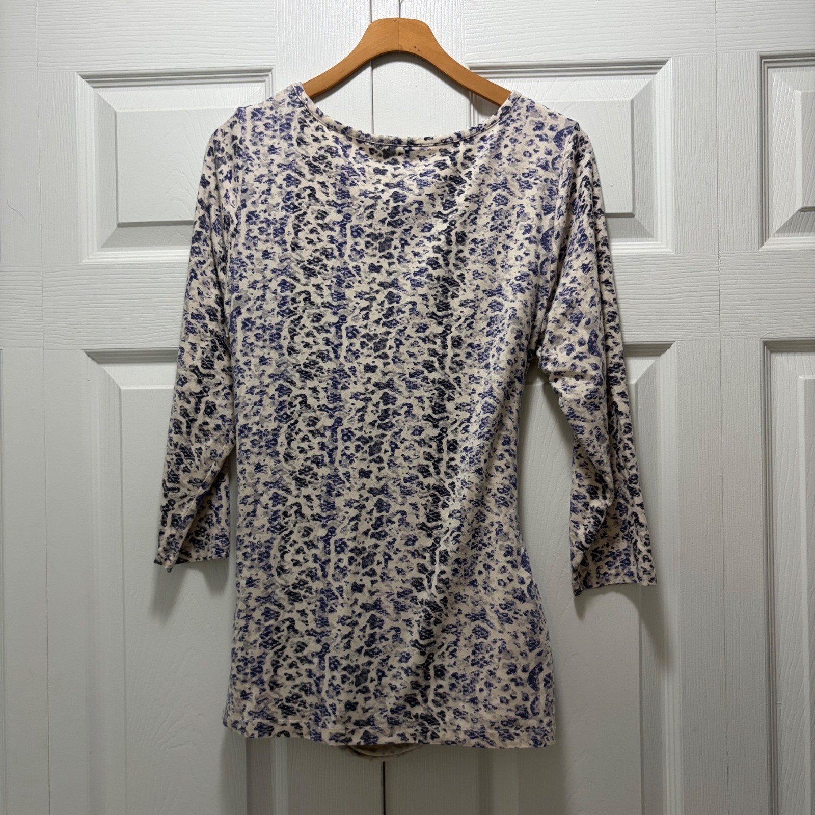 Cabi 262 Draped Surplice Tunic Top Cream Navy Abstract Print Large 3/4 Sleeve