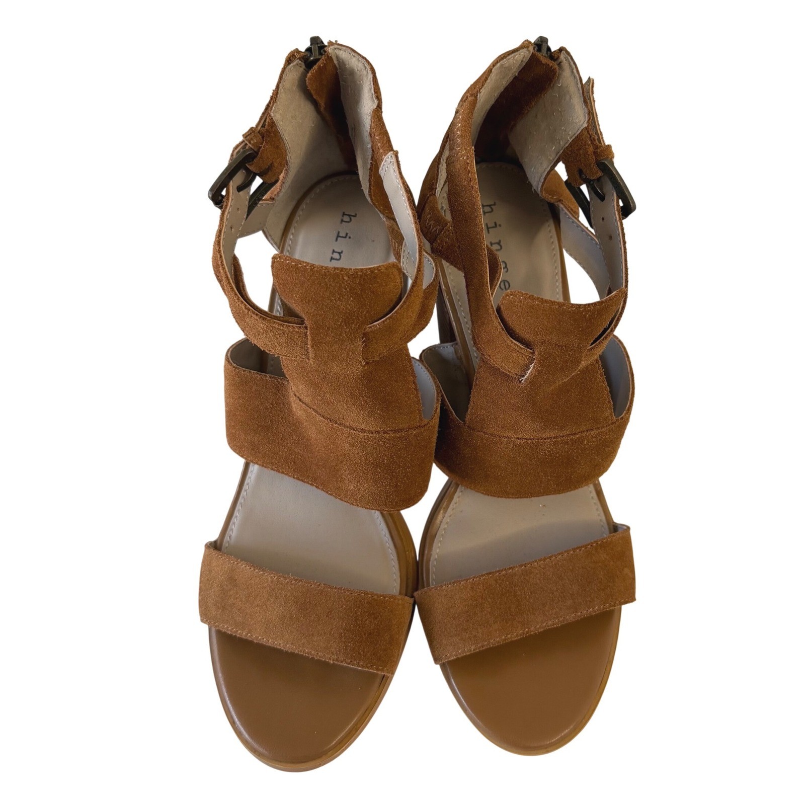 Hinge Womens Cognac Brown Suede Strappy Block Heel Sandals Back Zip Size 8.5M
