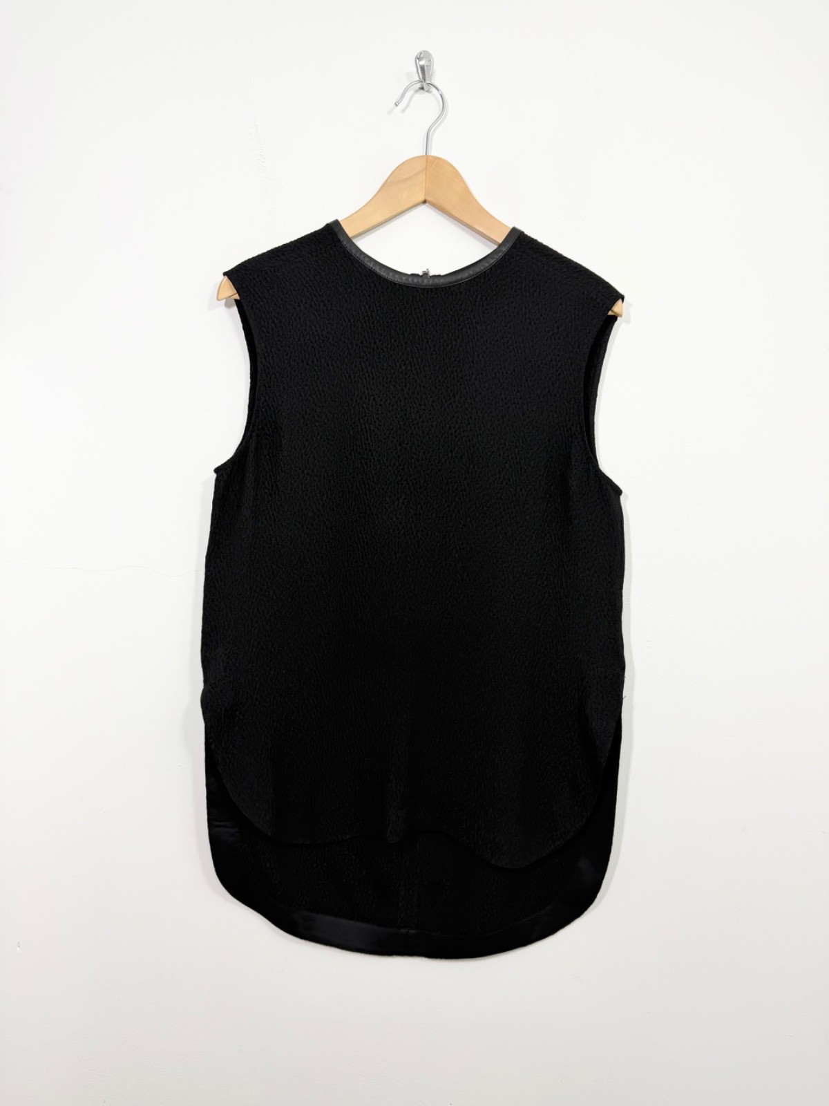 Helmut Lang Silk Leather Trim Top Size M Black Tunic Sleeveless Dip Hem