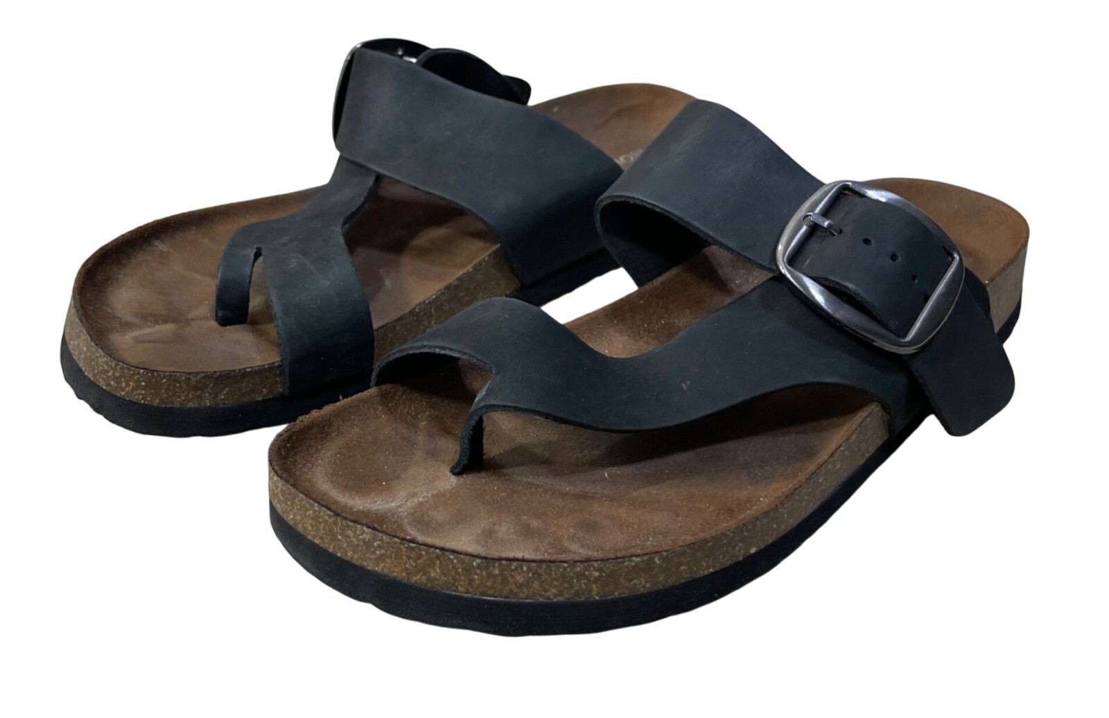 Mountain Sole Leather Sandal Black Toe Loop Silver Buckle Size 8 (READ)