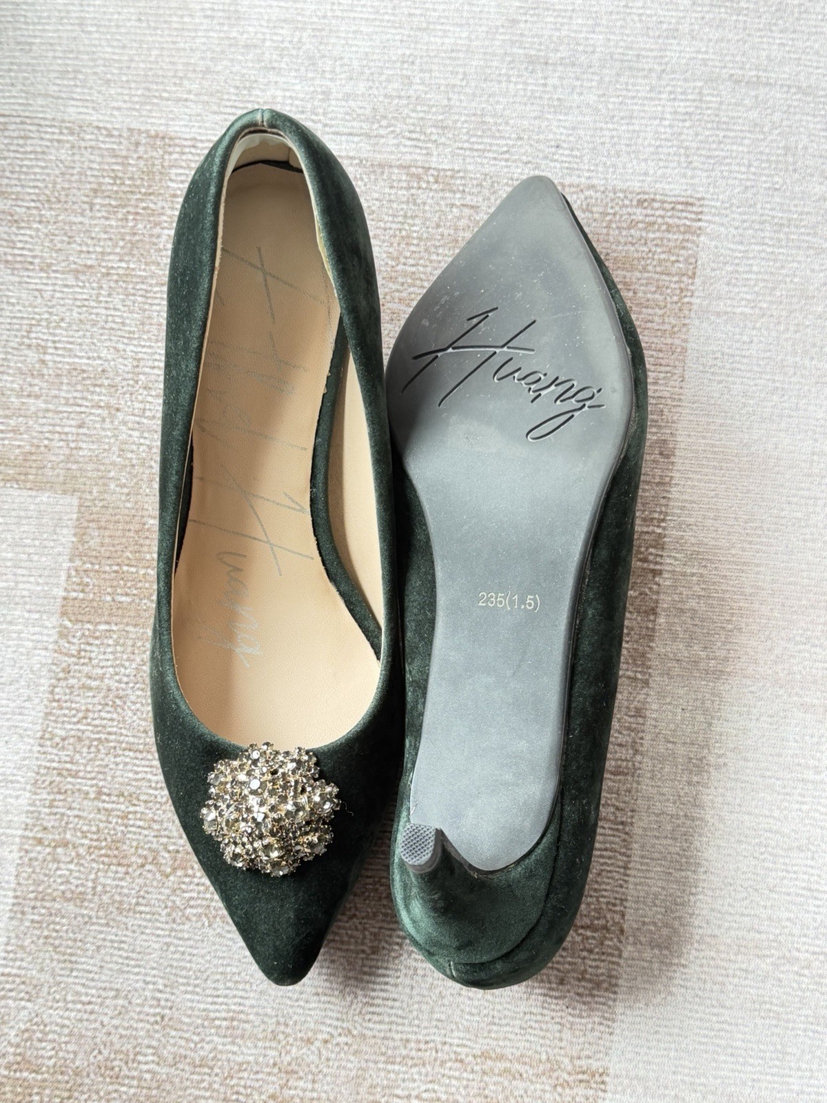 Dark Green Suede Pointed Toe Heels 6cm with Crystal Cluster Accent
