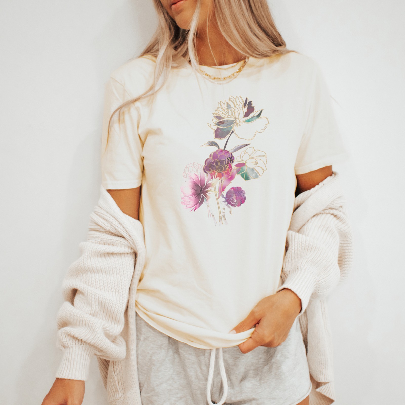 Neutral Floral Watercolor Shirt Minimal Flowers Graphic Botanical Art Tee Top