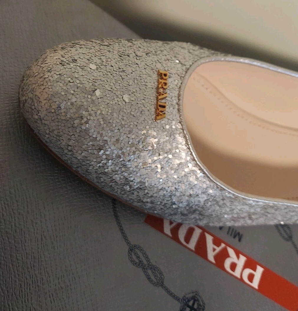 PRADA Sport ICONIC Silver Glitter Matt GOLD LOGO CLASSIC FLATS 36.5 I LOVE SHOES