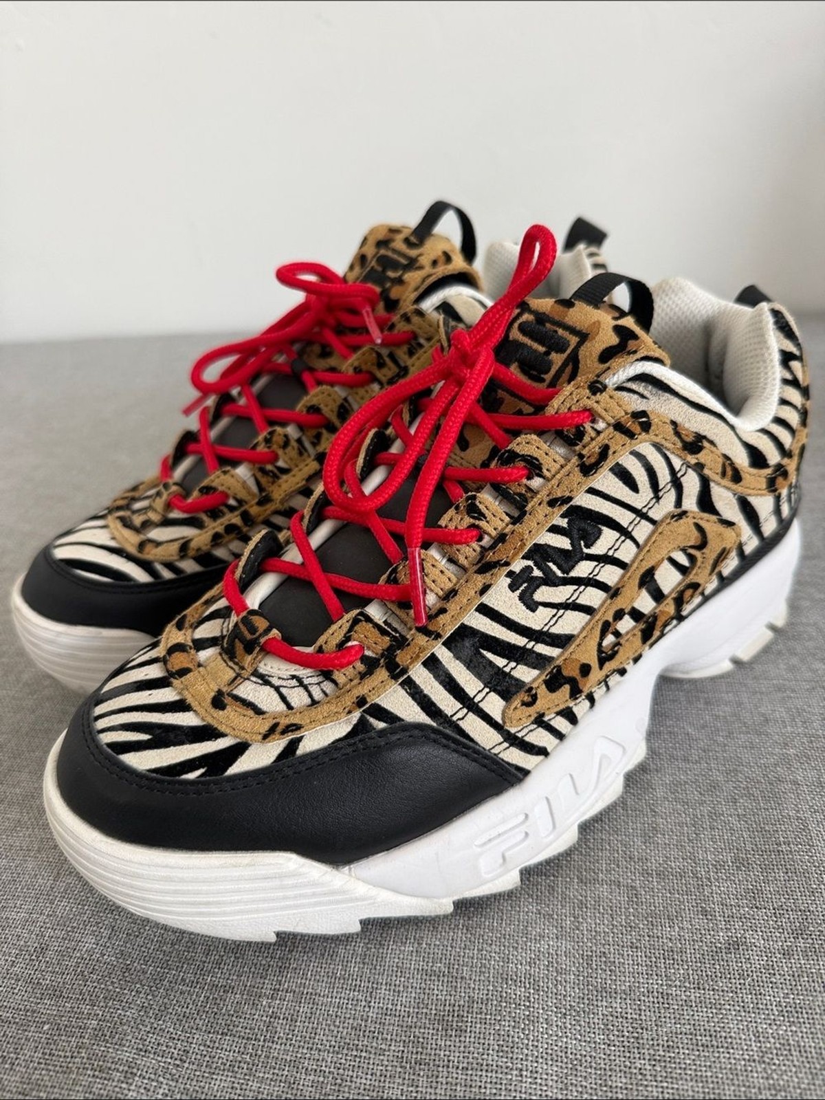Fila disruptor ll Zebra & Leopard Mixed-Print Sneakers with Red Laces