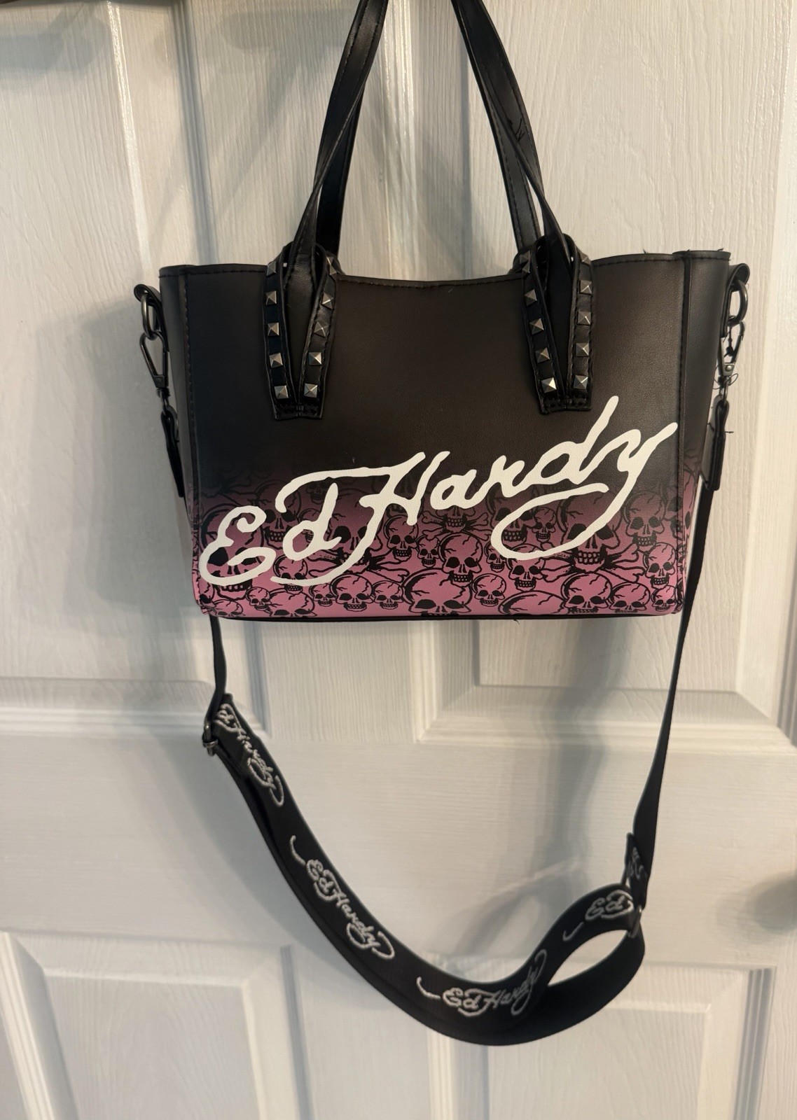 Ed Hardy Black and Pink Skull Shoulder Bag