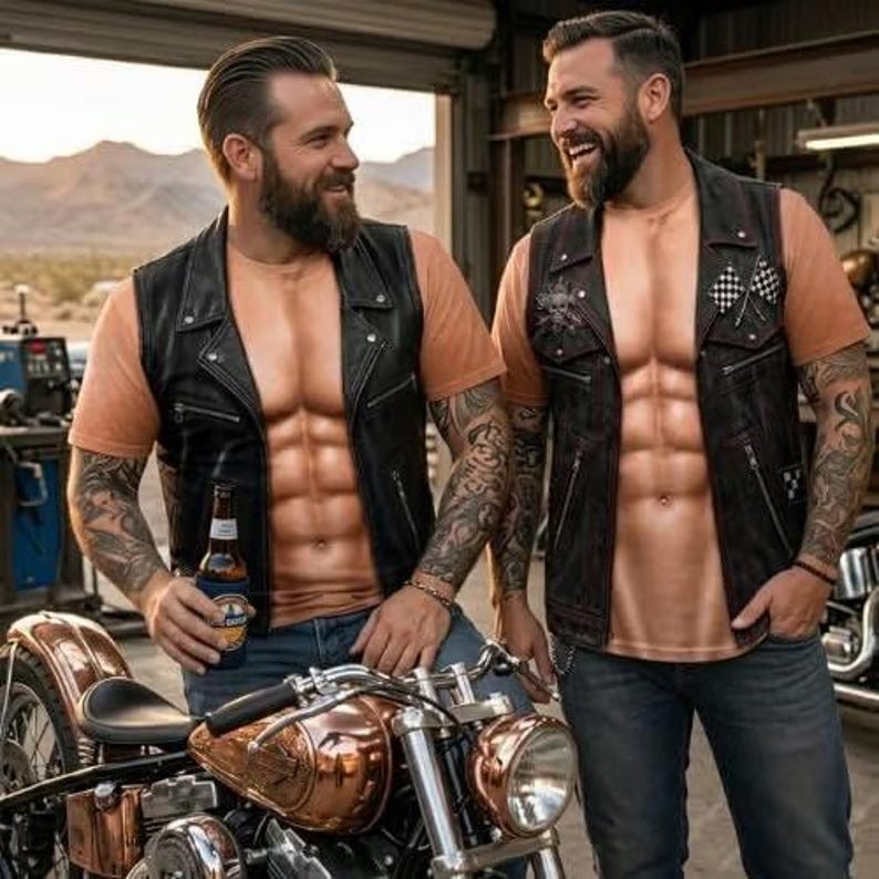 Funny Biker Vest Illusion T-Shirt, 3D Muscle Motorcycle Graphic Tee for Men