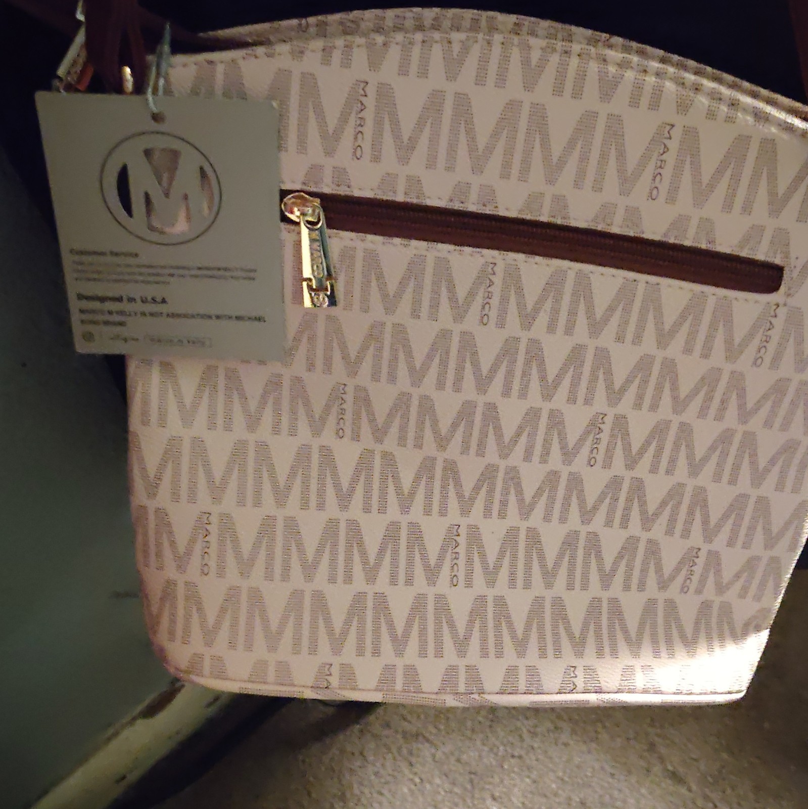 Marco Beige Logo Shoulder Bag Brown Trim Zip Closure Detachable Strap Gold