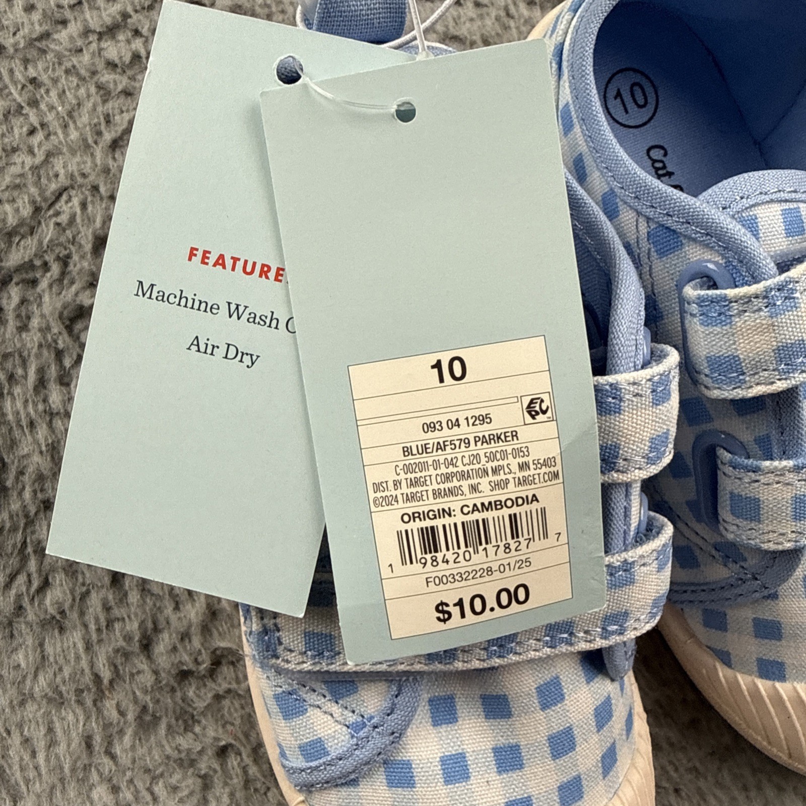 Cat & Jack Shoes Kids Size 10 Blue Gingham Parker Sneaker Hook & Loop Casual