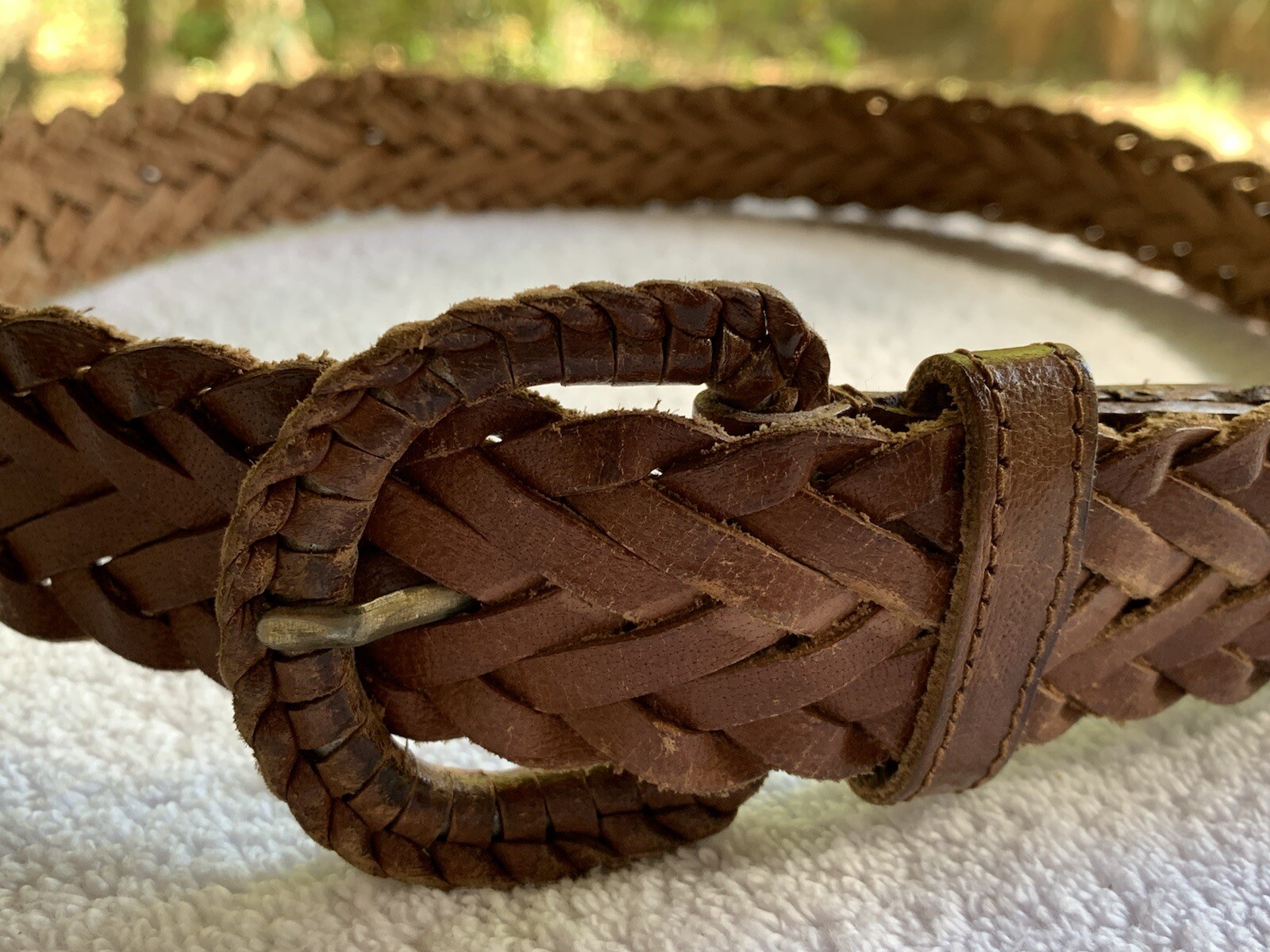 VTG Handmade Belt Huarache Woven Leather SZ S 28-29 Bourbon Brown Covered Buckle