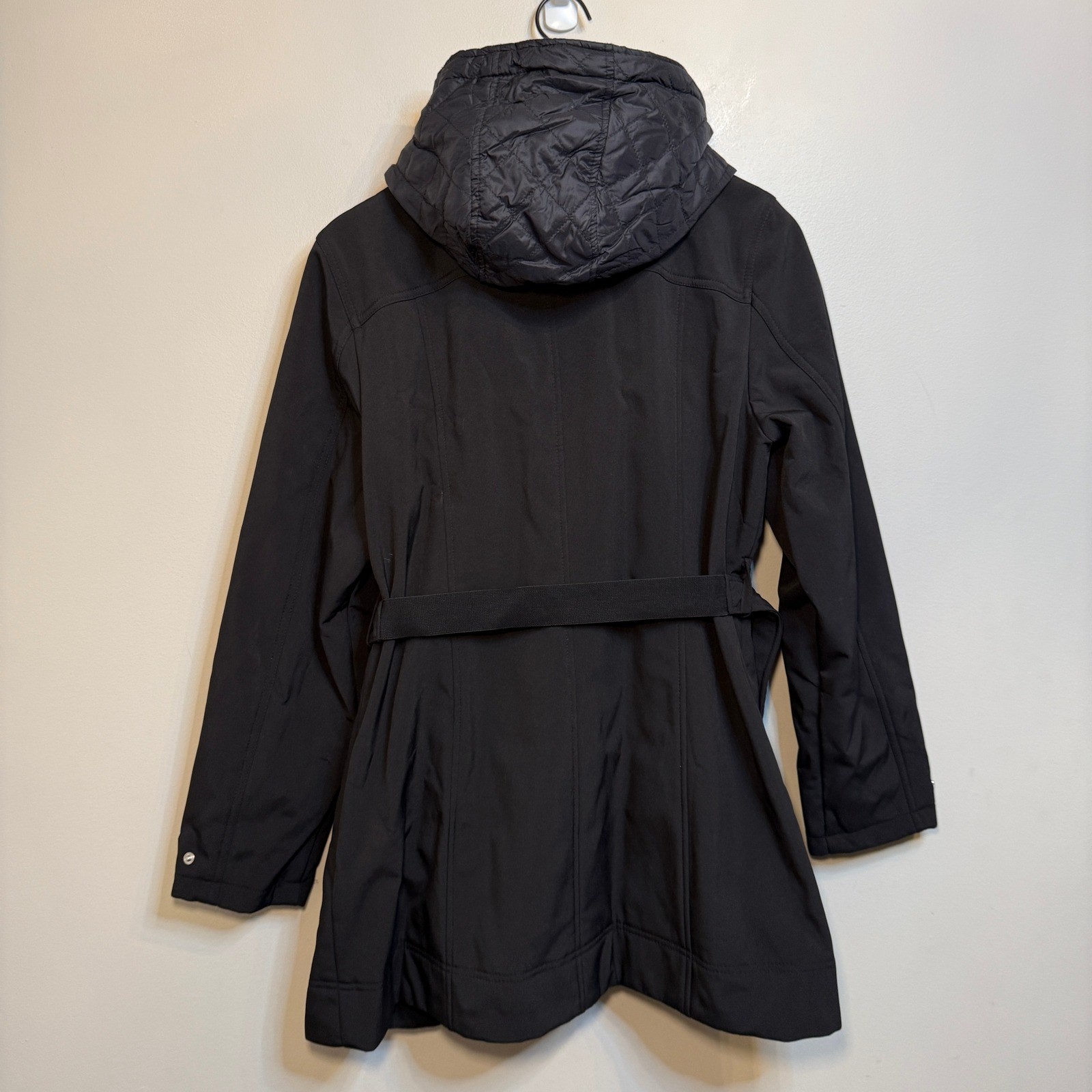 Calvin Klein Premium Women’s Softshell Belted Hooded Jacket Coat Black Large