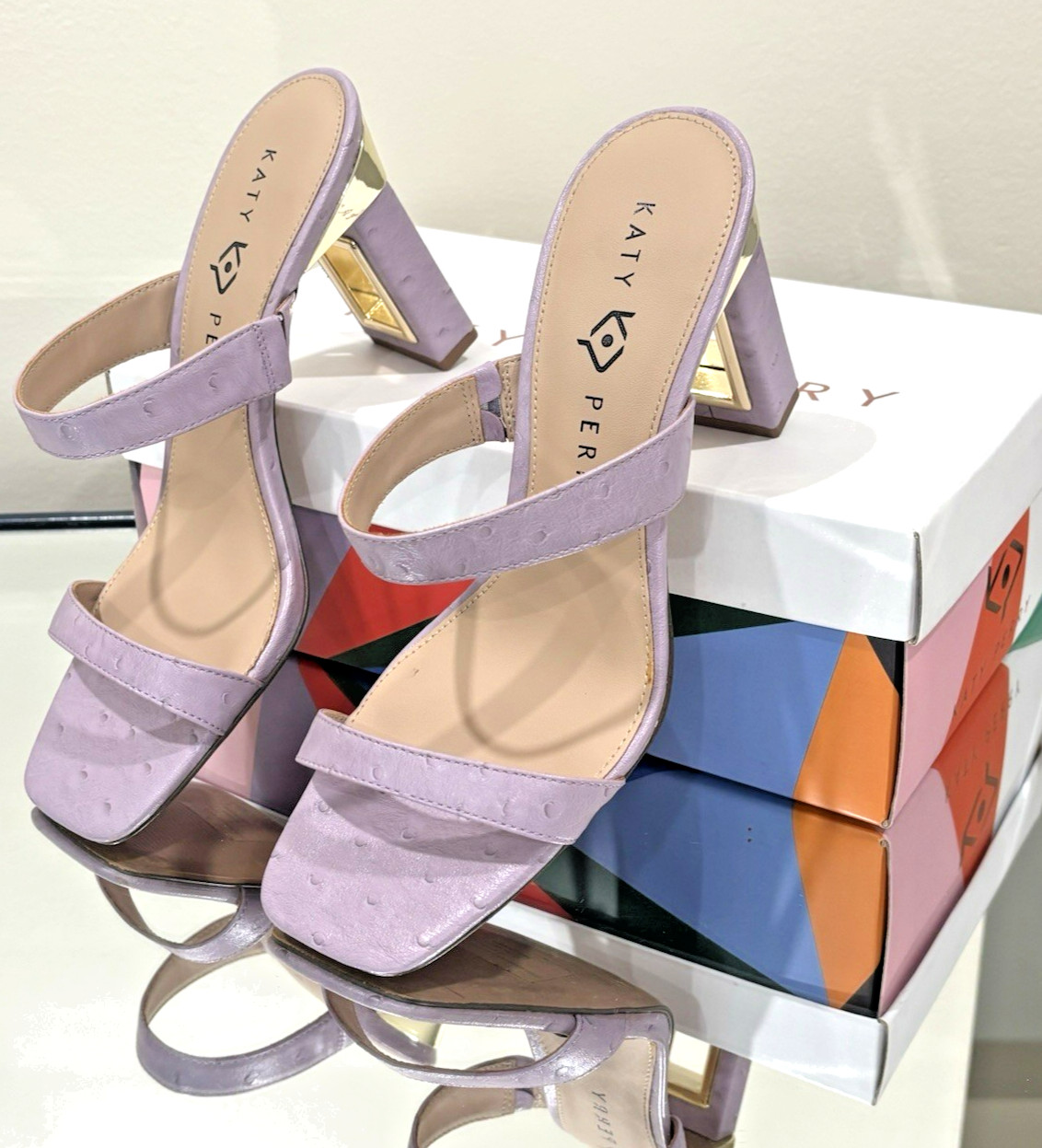 Katy Perry Lavender/Gold Metallic Slip-On Open Toe Block Heel Sandal 8.5M
