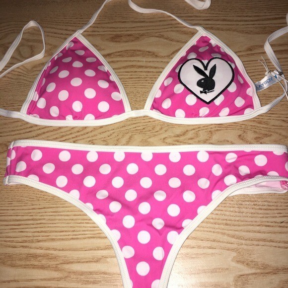 New Womens 2pc Super Sexy Playboy Polka Dot Thong Swimsuit Bikini Size Large