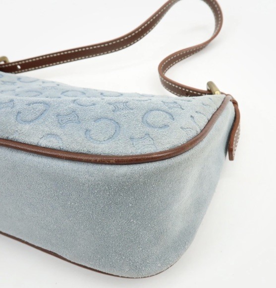 CELINE C Macadam Suede Leather Pochette Shoulder Bag (RARE Light Blue) Vintage