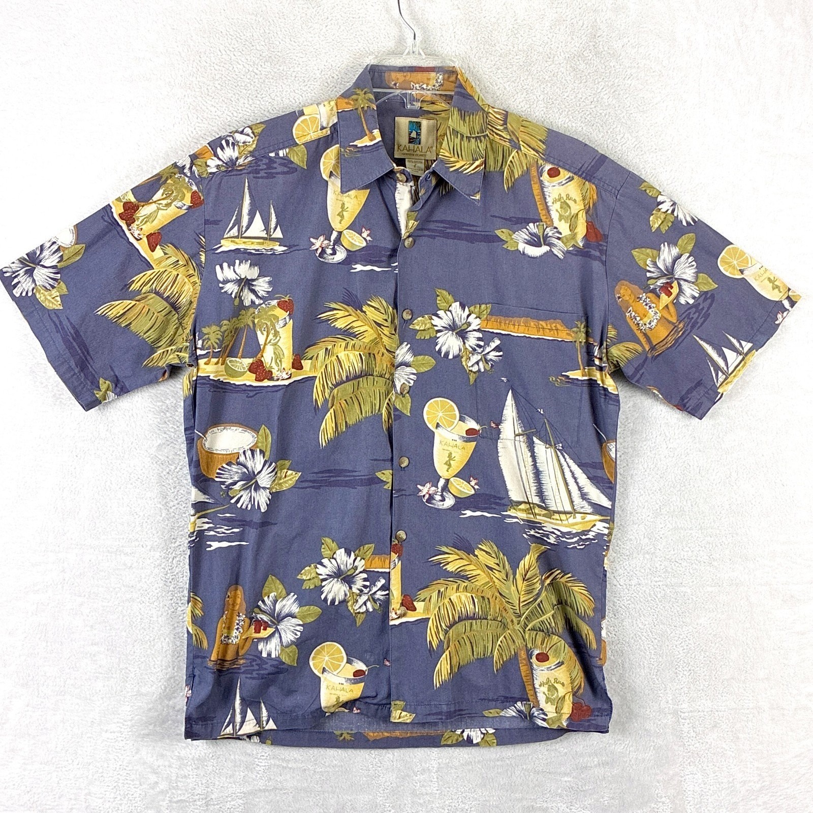 VTG Kahala Hawaiian Shirt Men S Blue Floral Sailboat Cocktails AOP Tiki 90s USA