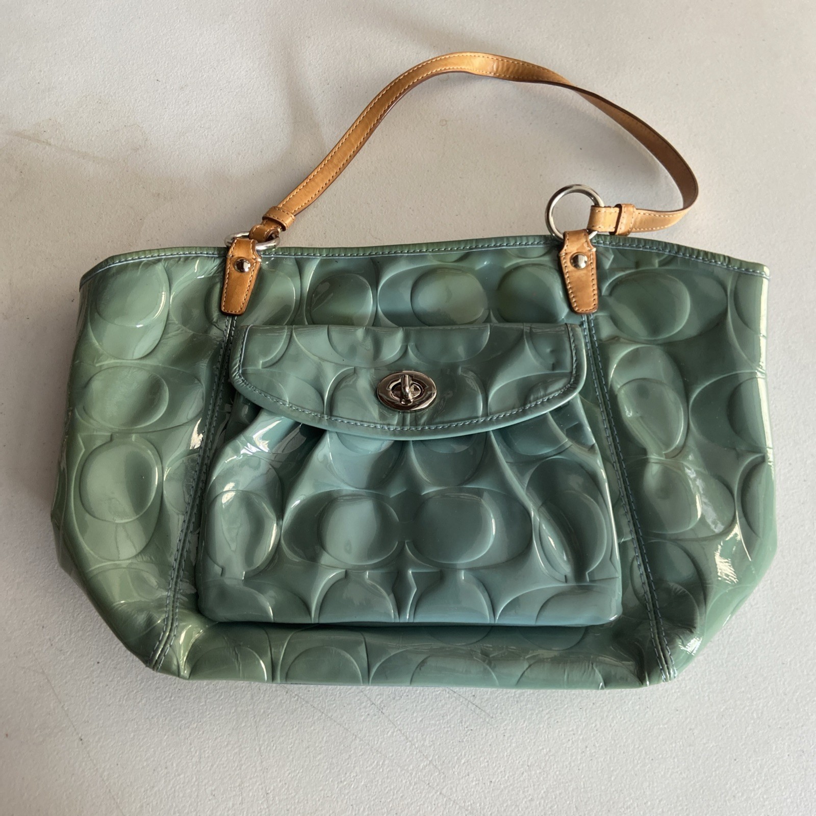COACH F14663 Leah Signature Teal Green Embossed Patent & Leather Tote Bag