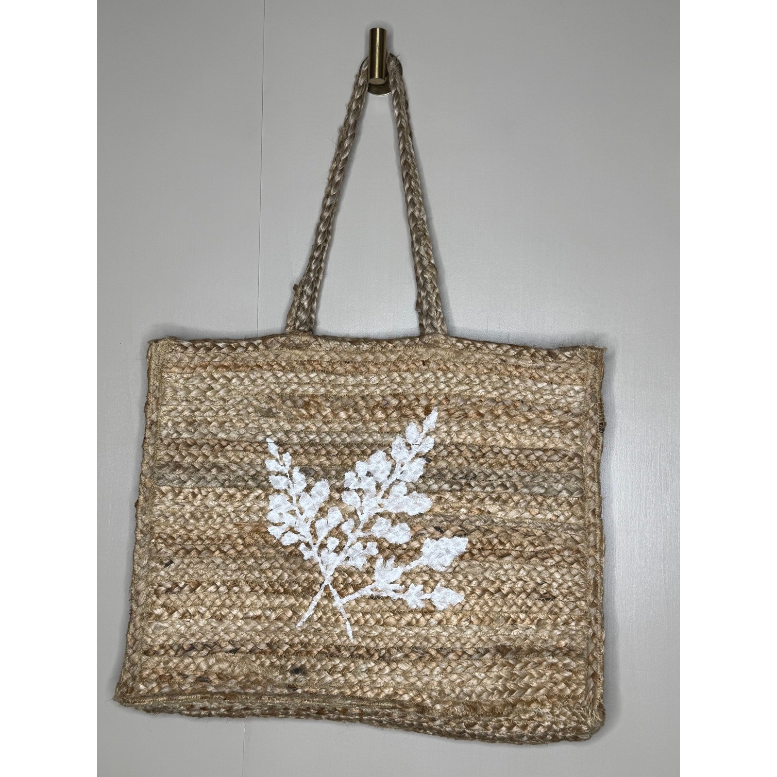 BLarge Woven Jute Tote Bag Botanical Print Boho Coastal Market Bag