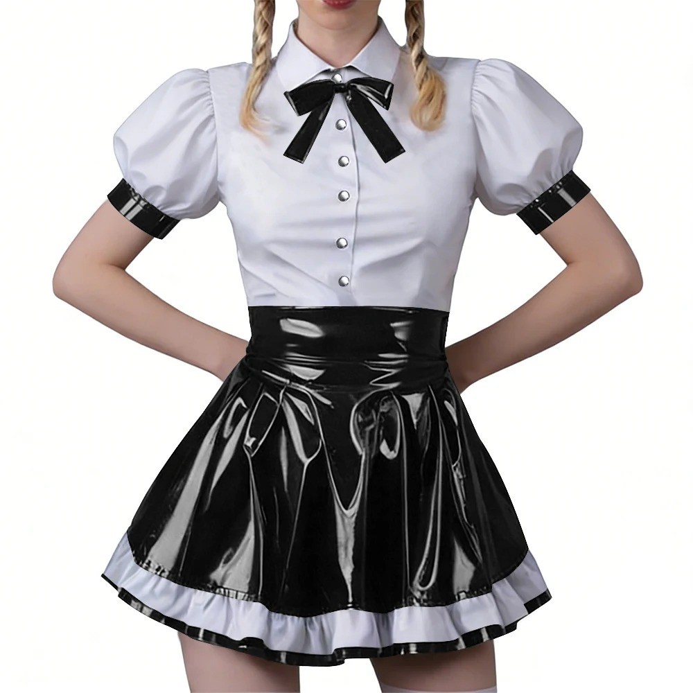 Women Vinyl PVC Bodycon Maid Sets Sweet Sexy Top Party Cosplay Unifom Skirt
