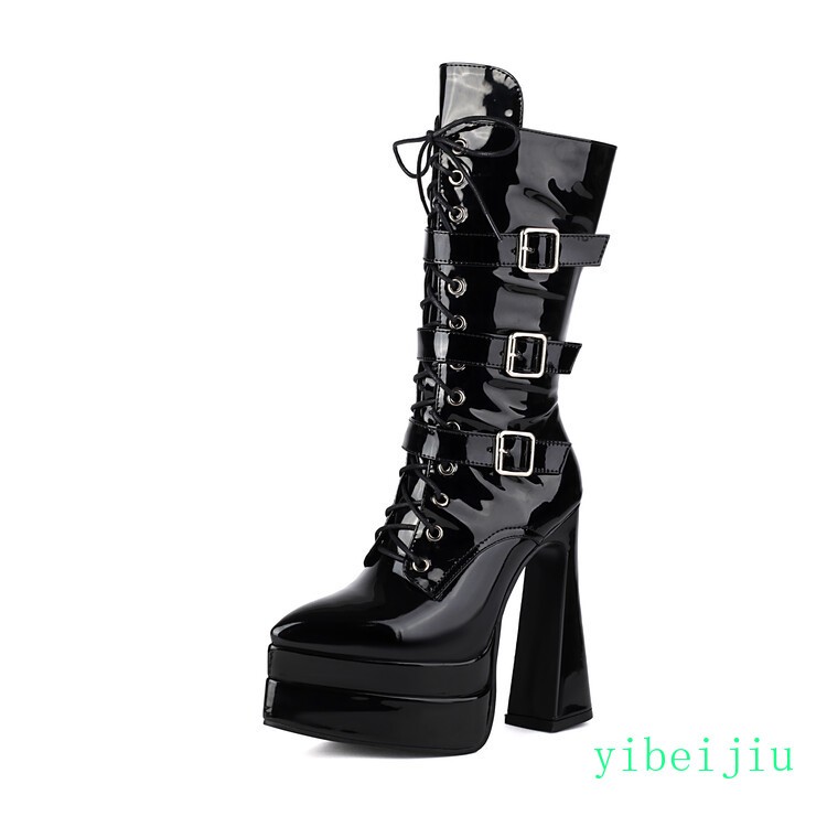 Women’s Mid Calf Boots High Heels Platform Leather Runway Party Buckle Shoes Zip