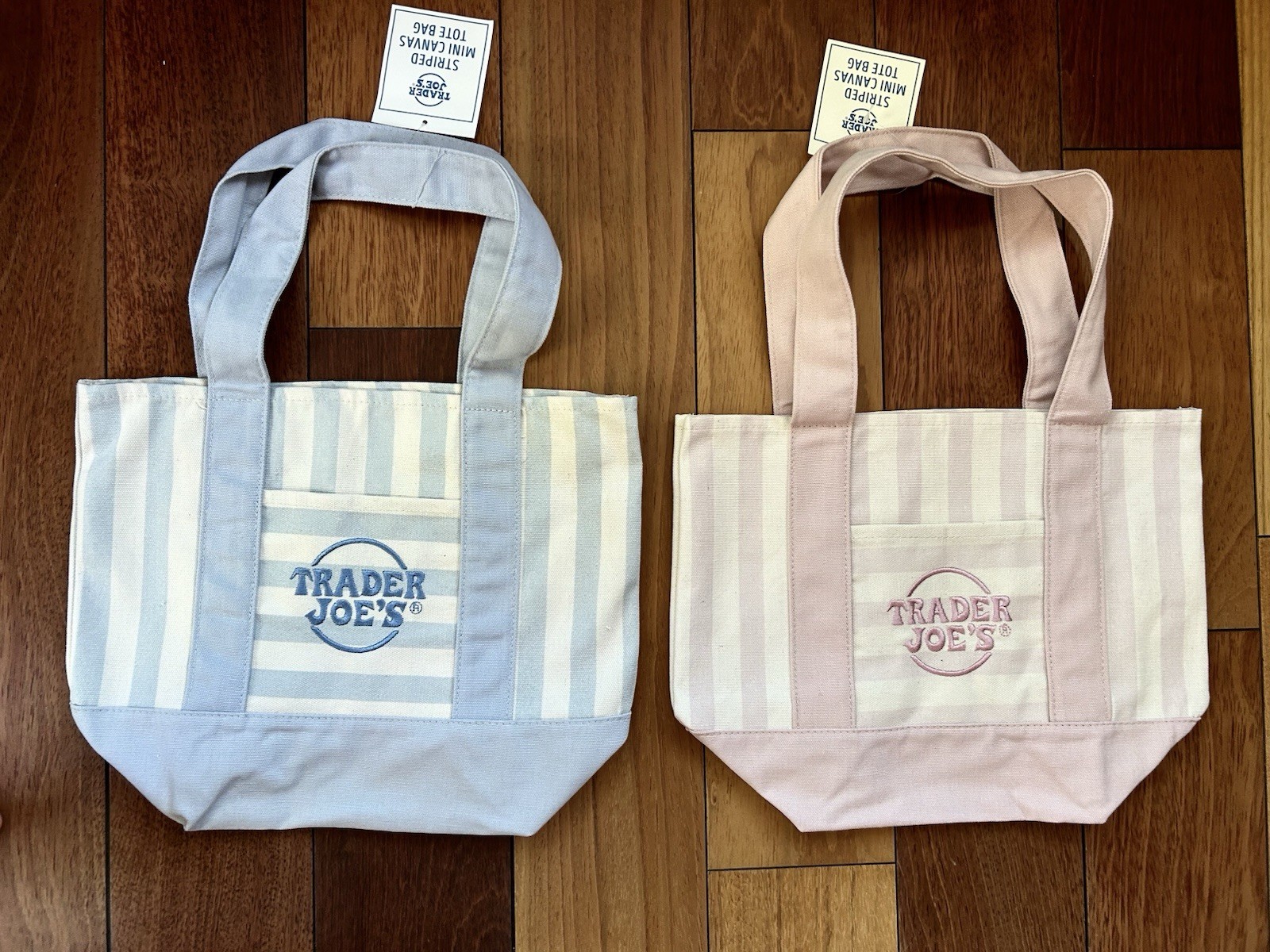 Trader Joe’s Striped Mini Canvas Tote Bag 2026 Set Of 2 – Pink & Blue New W/ Tag