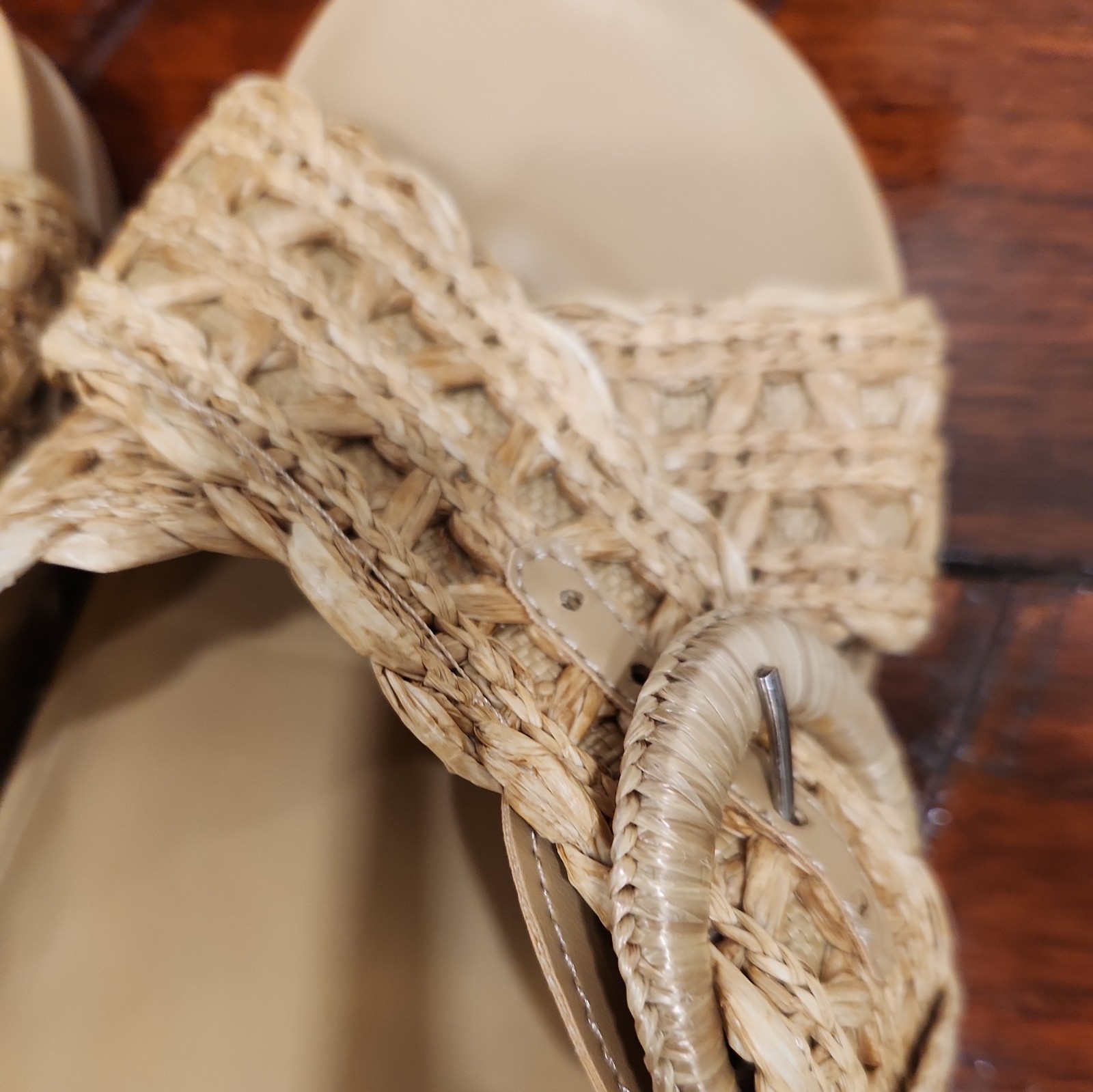 Marc Fisher Welti Sandals Slip On Slide Platform Wedge Tan Straw Buckle 8.5