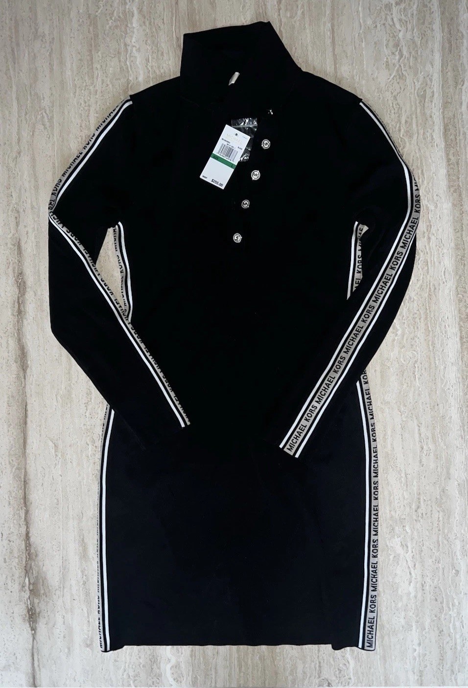 Michael Kors Black Collared Long Sleeve Knee Dress Slim fit Logo Trim Size L