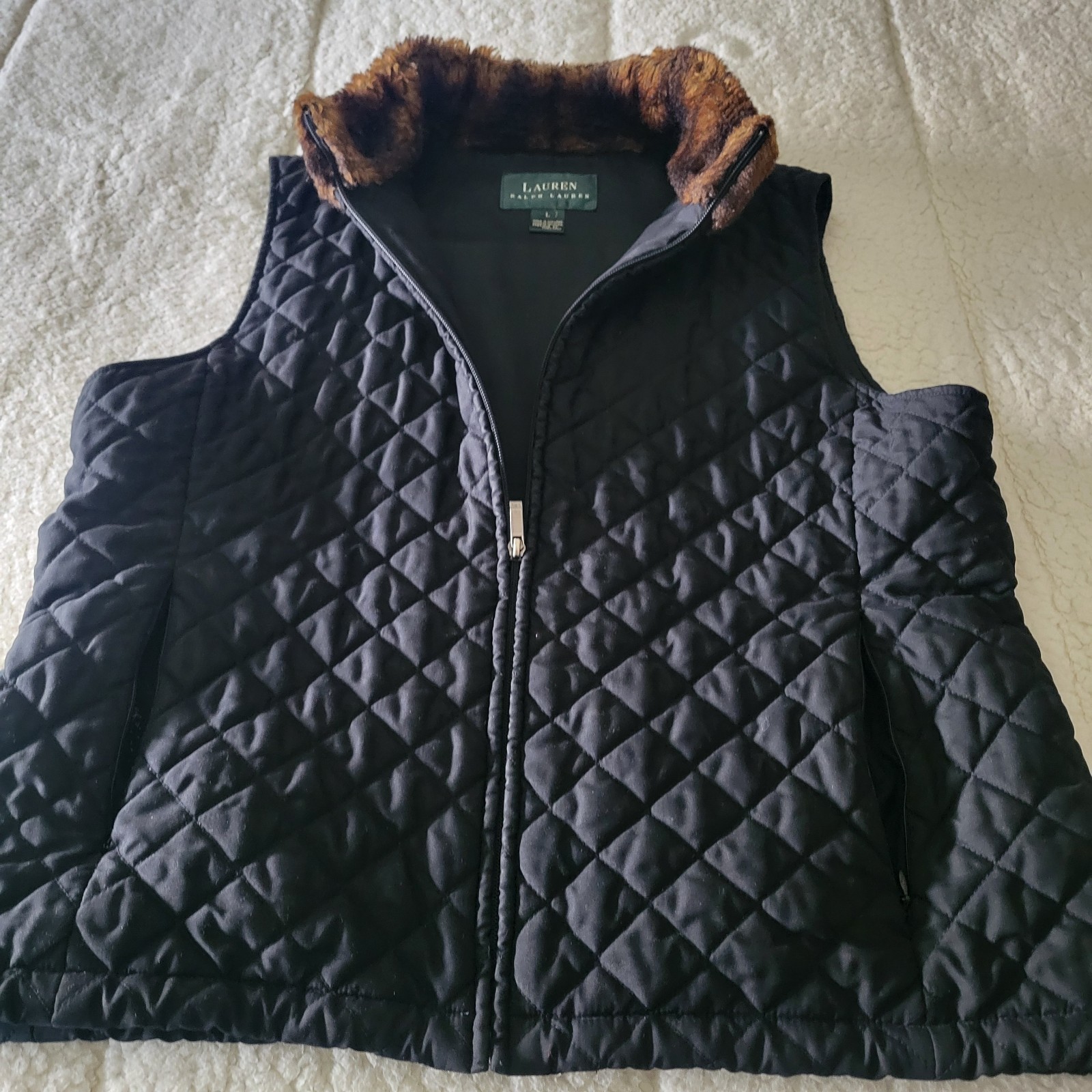 Polo Ralph Lauren Quilted Vest Black Large With Fur Trim Size Large