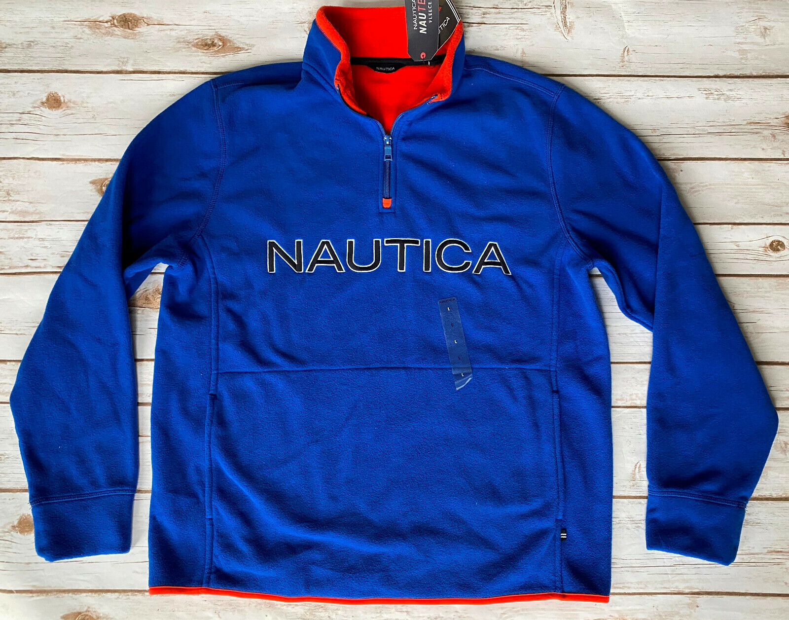 NAUTICA SPELLOUT HALF ZIP NAUTEX PULLOVER FLEECE SWEATSHIRT BLUE MENS LARGE NEW
