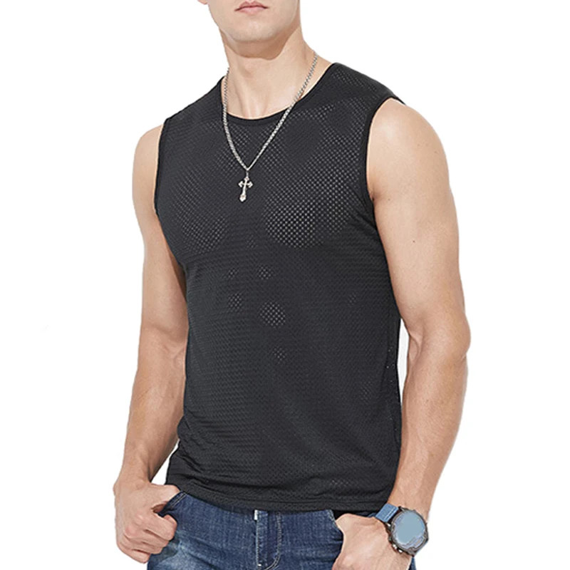 Men’s Ice Silk Mesh Tank Tops Gym Stringer Transparent Bodybuilding