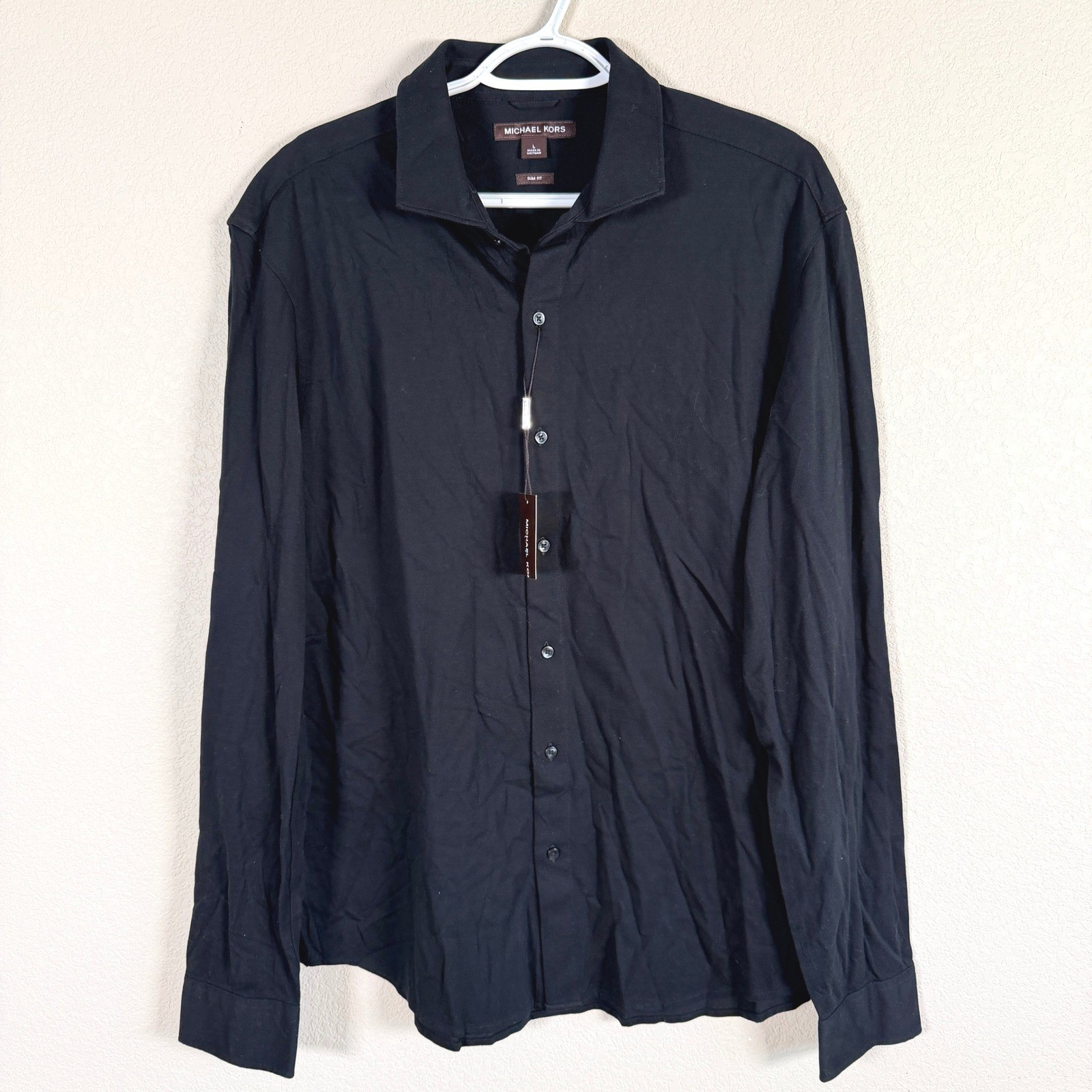 Michael Kors Slim Fit Button Up Shirt Mens L Black Knit Long Sleeve Cotton NEW