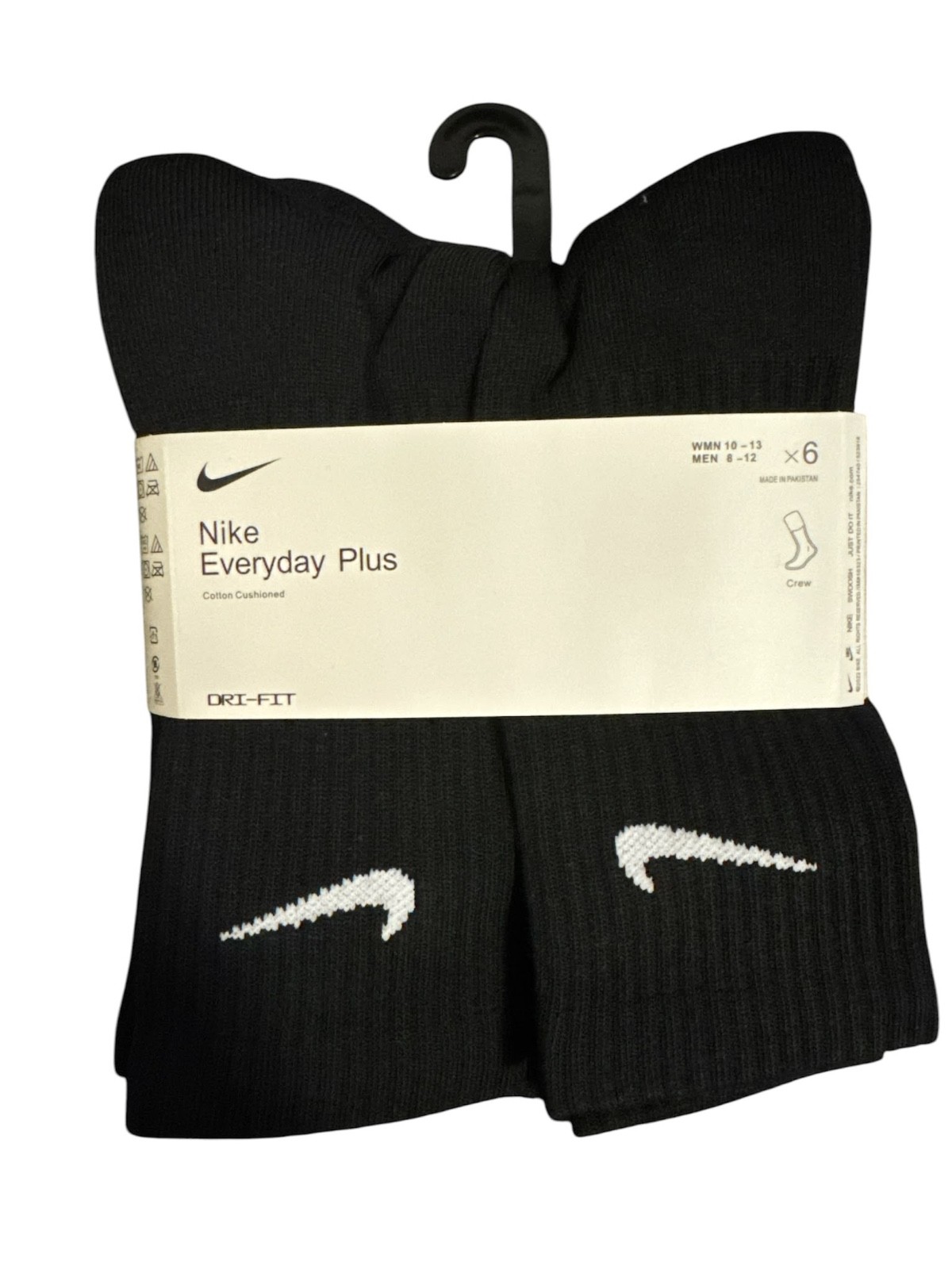 Nike Everyday Plus Dri-FIT Crew Socks 6 Pairs Cushioned Black White M L