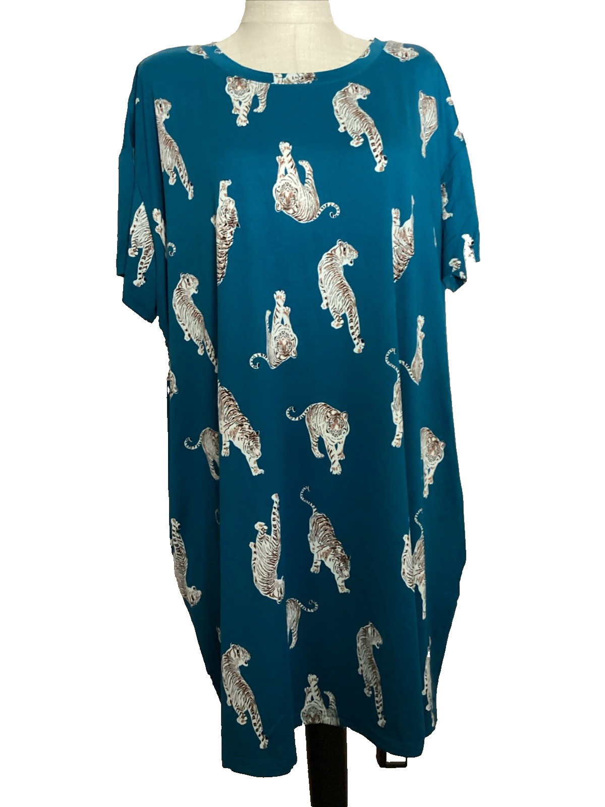 JOYSPUN SLEEPSHIRT Teal Tigers Print Knit Knee Length GOWN Sz L/XL*