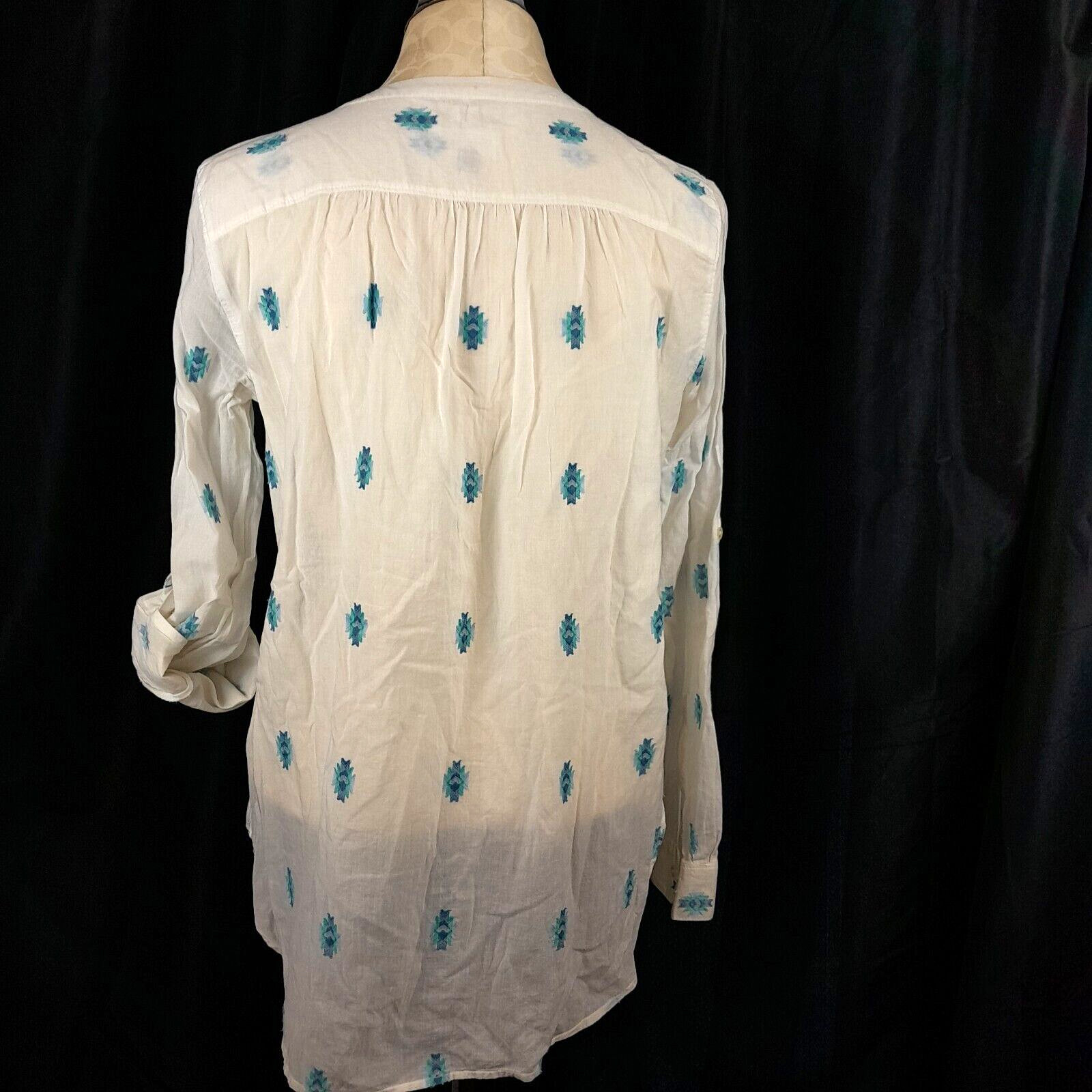 Ann Taylor Loft Womens Tunic M White Embroidered Aztec Roll Tab Sleeve Pullover