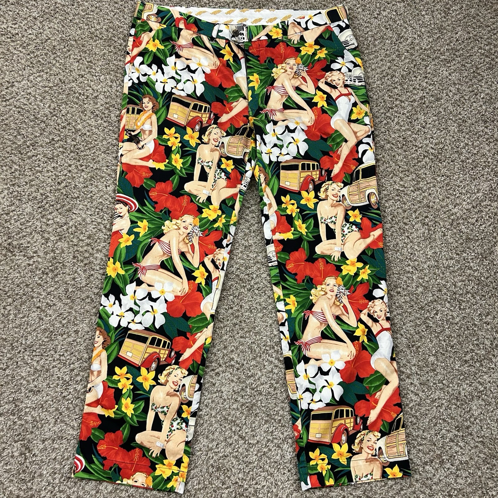 Loudmouth Golf Pants Mens 42×33 Hawaiian Pinup Girl Floral Classic Cars Athletic