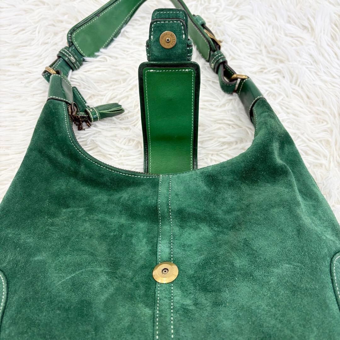 COACH Vintage Suede Hobo Shoulder Bag Green Gold Tassel Women 12.6in Lush Style