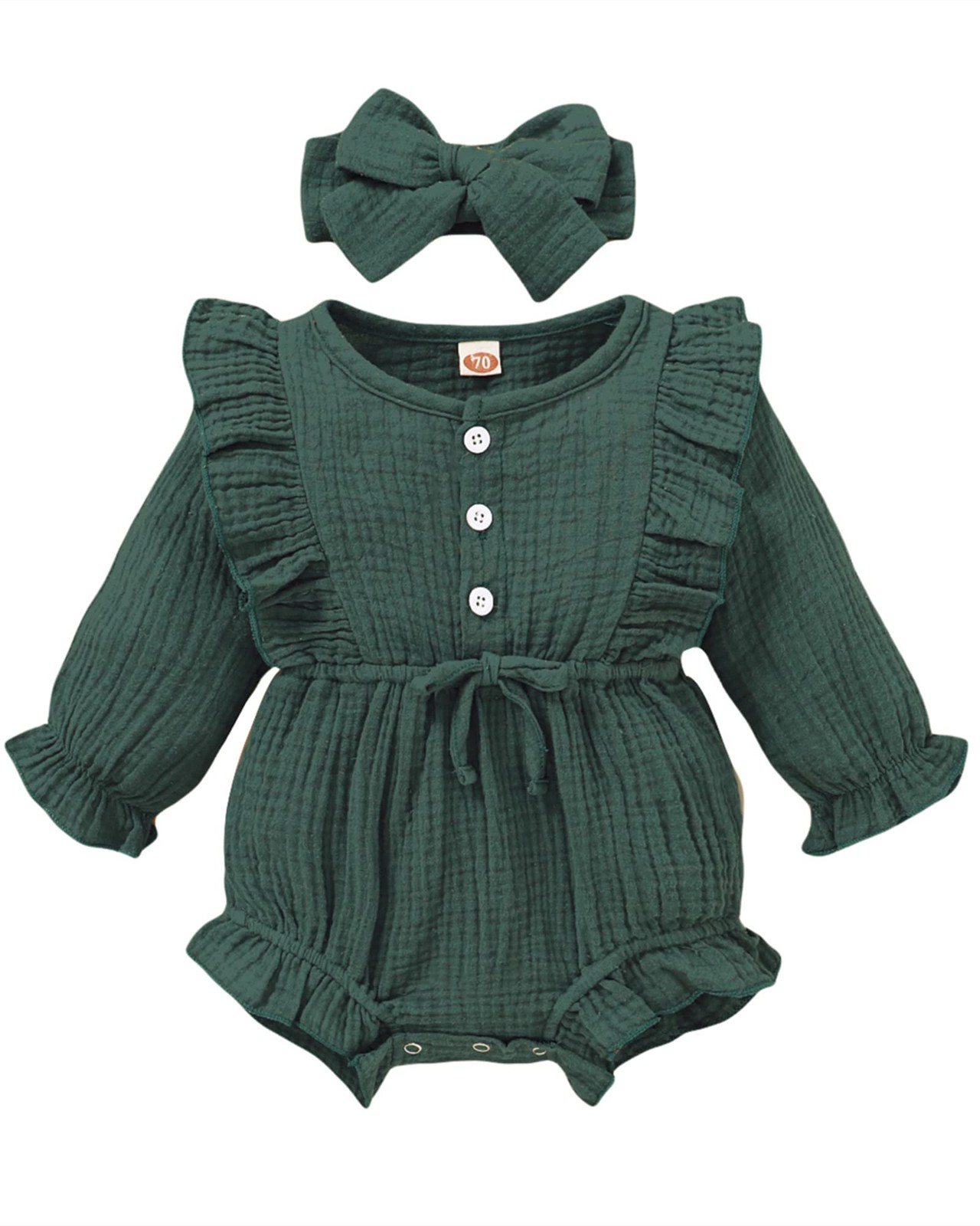 0-3M Baby Girl Romper – Green Linen Long Sleeve Ruffle Jumpsuit Bodysuit