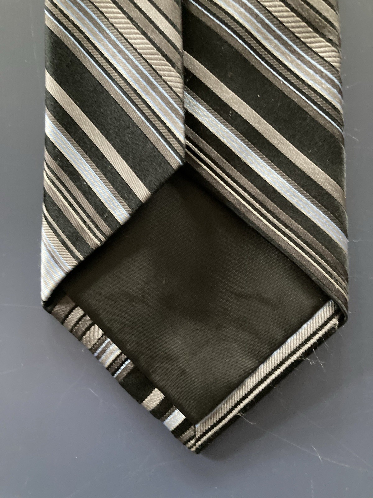 DKNY Silk Tie Dark Blue Light Blue Gray Stripes Necktie USA 58 x 3.25 Inches