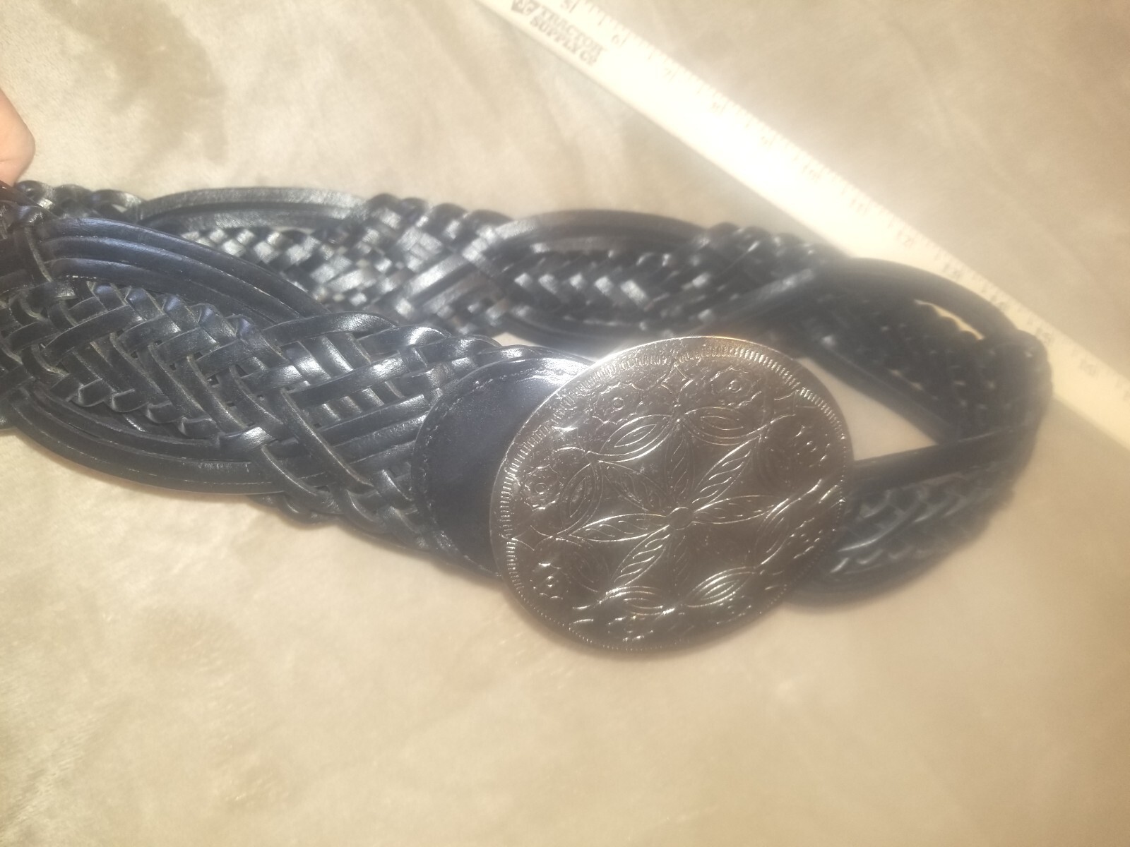 Vintage Black Leather Woven Belt 43″ Not Including Buckle. Made In Italy.