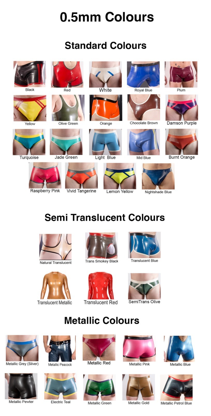 Rubber SPORTS SHORTS, 0.5mm medium weight latex, large choice of plain colours