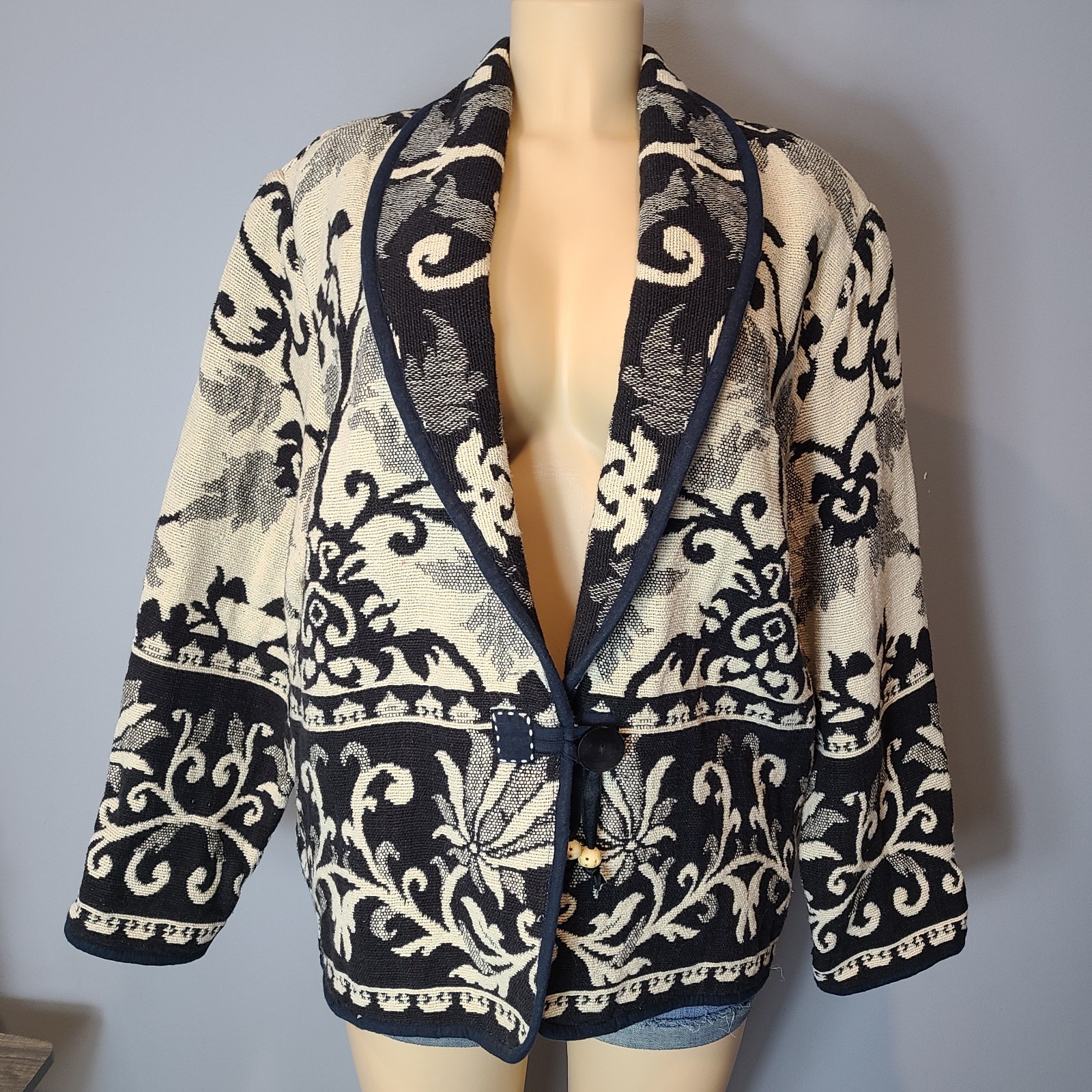 Vtg 90s Flashback Women Jacket M Tapestry Boho Floral Cardi Aztec Rustic Cottage