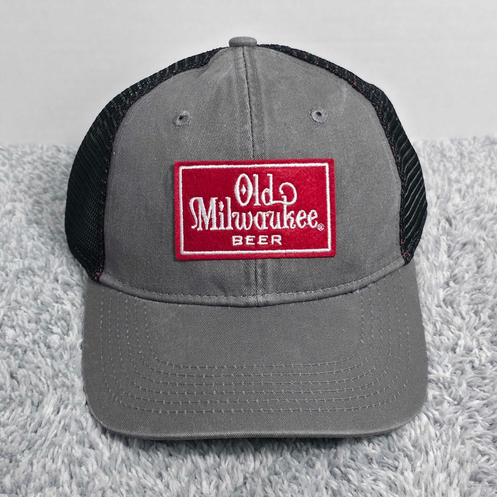 Old Milwaukee Beer Patch Adjustable Meshback Snapback Hat Cap Grey Black Red NWT