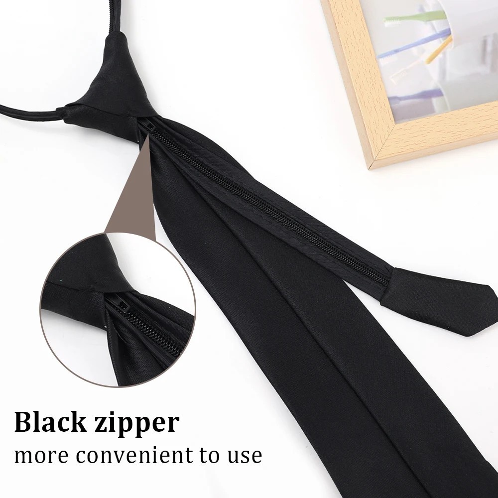 Men’s Black Pre-Tied Zipper Necktie Adjustable Polyester Office Formal Work Tie