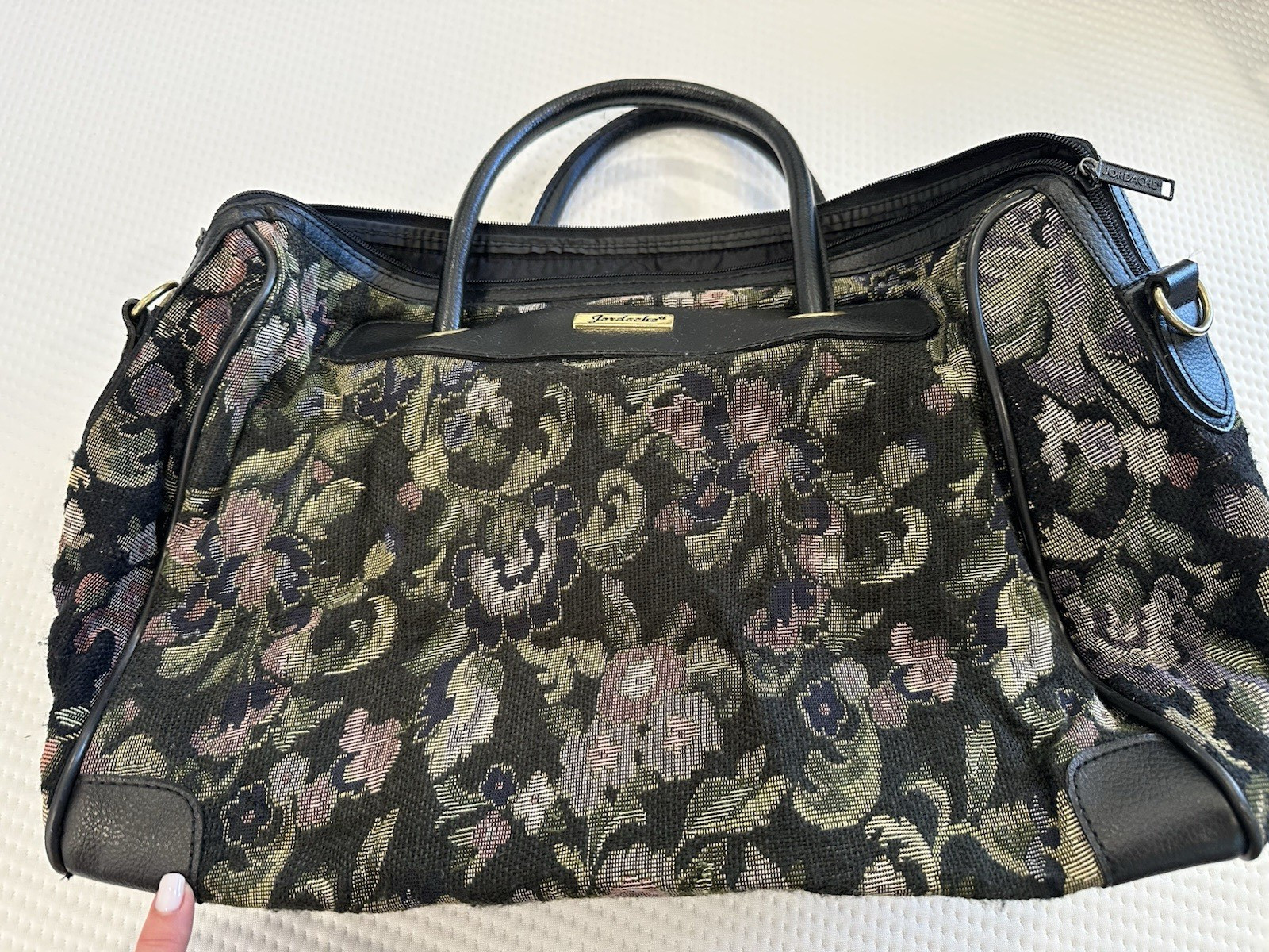 Jordache Large Floral Satchel Top Handle Zip Handbag, Black/Multicolor-vintage