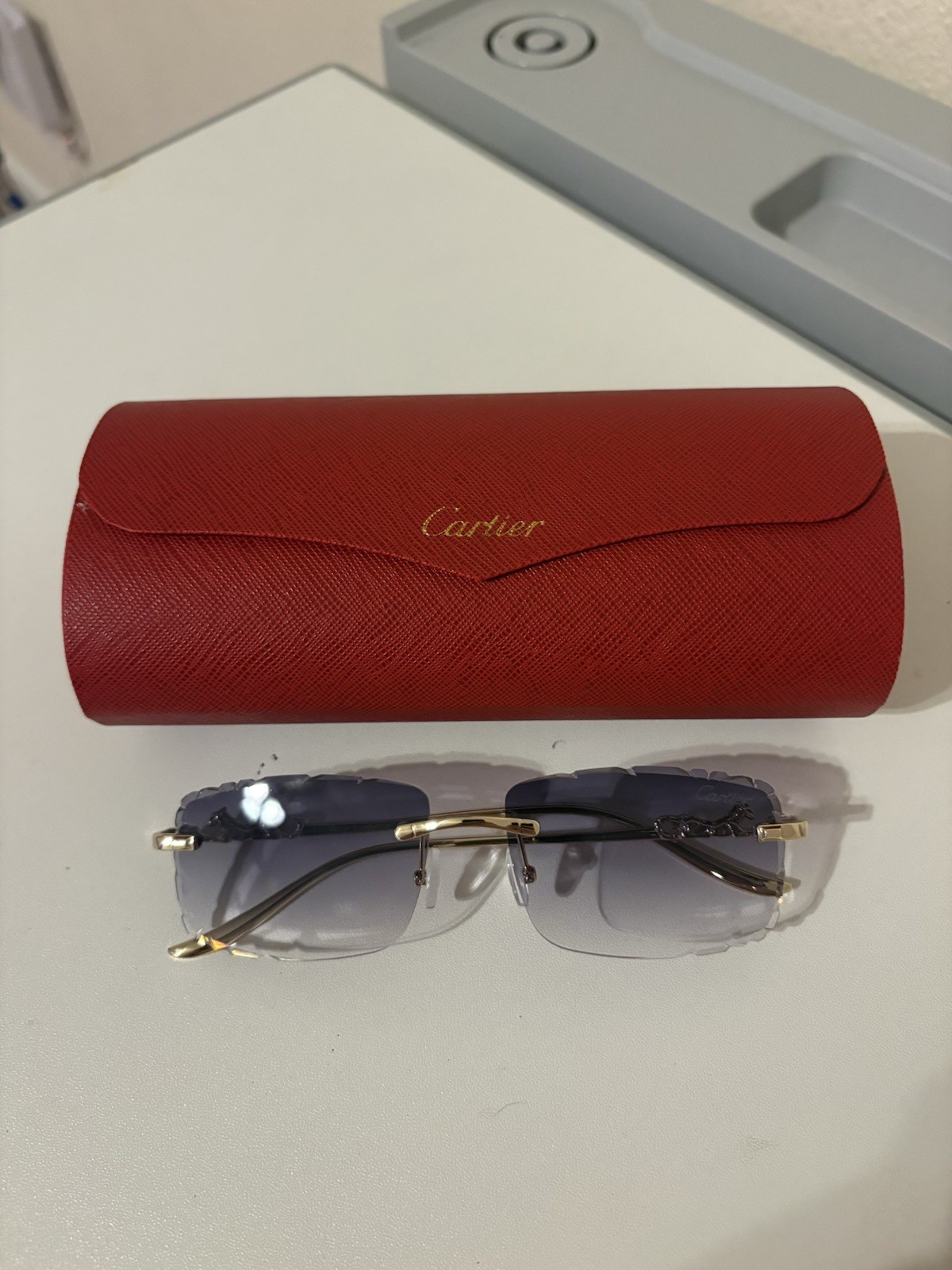 Cartier Diamond Cut Sunglasses with Gold Frame Magenta Pink Lens Made In France