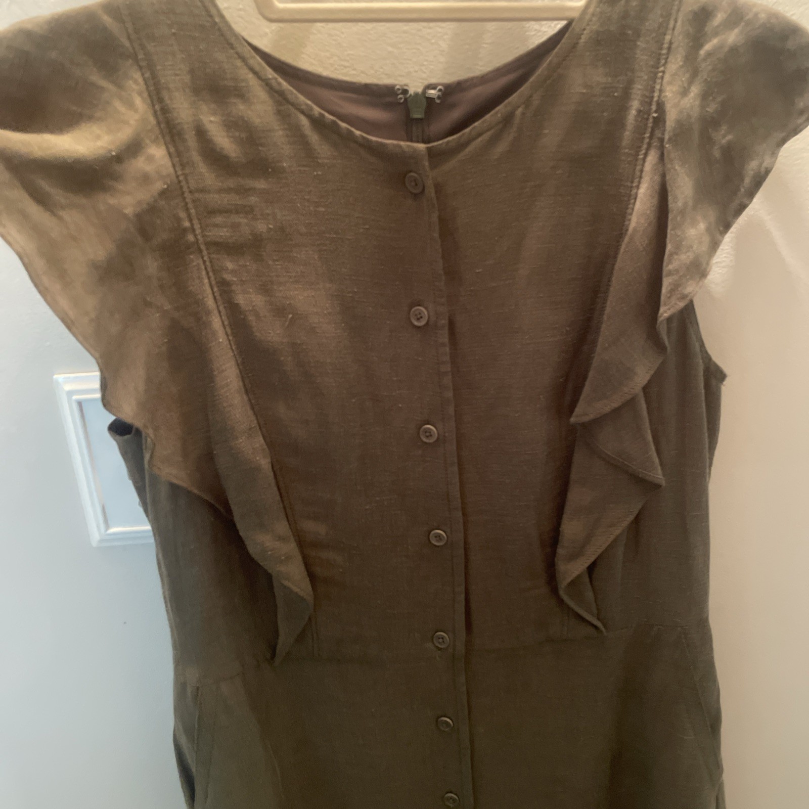 J.Crew Olive Green Ruffle Linen Cupro Blend Dress Sz 4 Knee Length