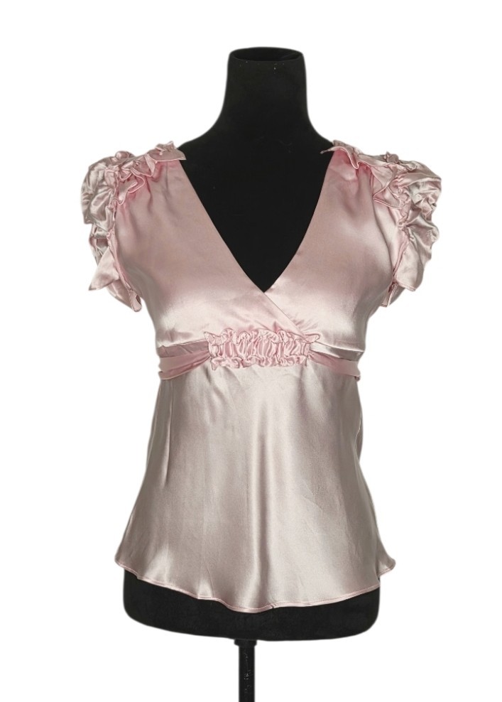 VTG True Couture 100% Silk Pink Tie Back Blouse Empire Waist Coquette Y2K S