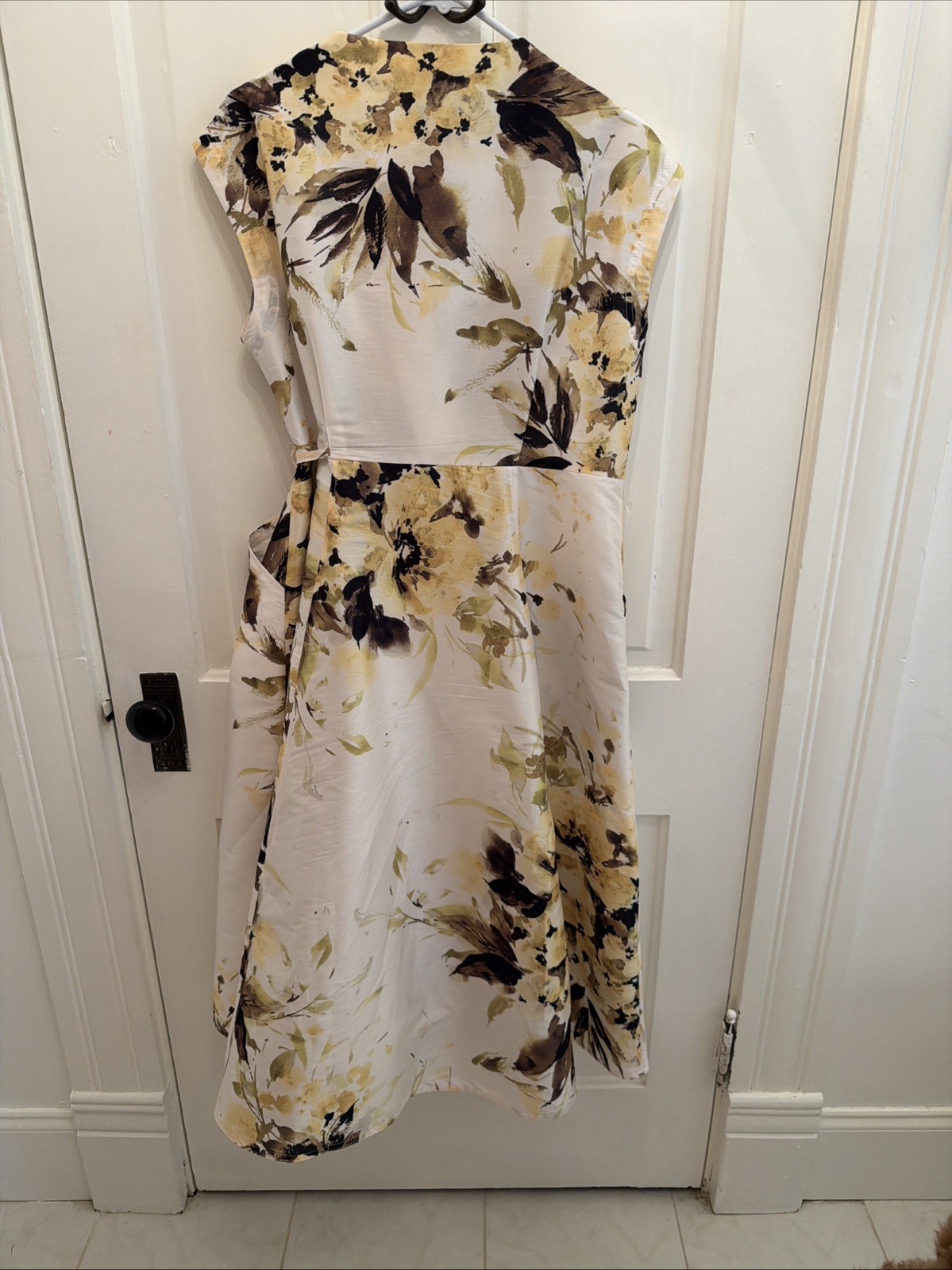 Donna Karan NY Floral Wrap Shimmer Floral Dress Waist Tie Pockets Size 14 $199