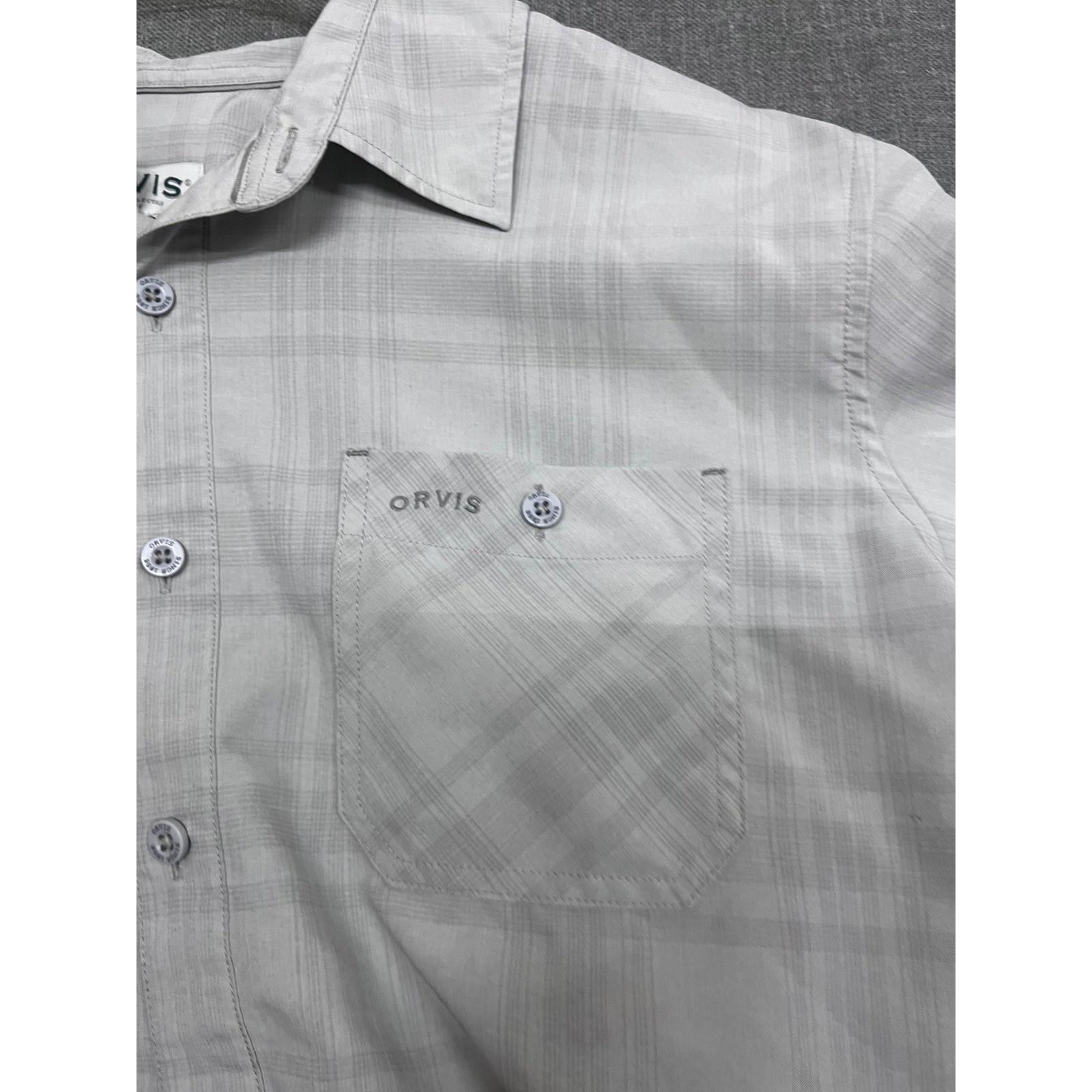 Orvis Mens XL Gray Plaid Short Sleeve Button Down Shirt Dual Pocket Classic Col.