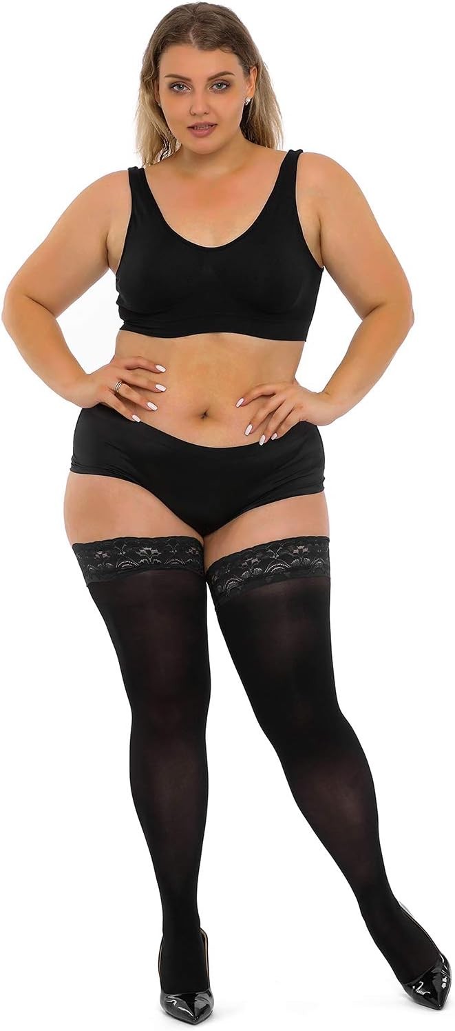 Plus Size Thigh High Stockings, Semi Sheer Stay up Lingerie Lace Top Pantyhose f